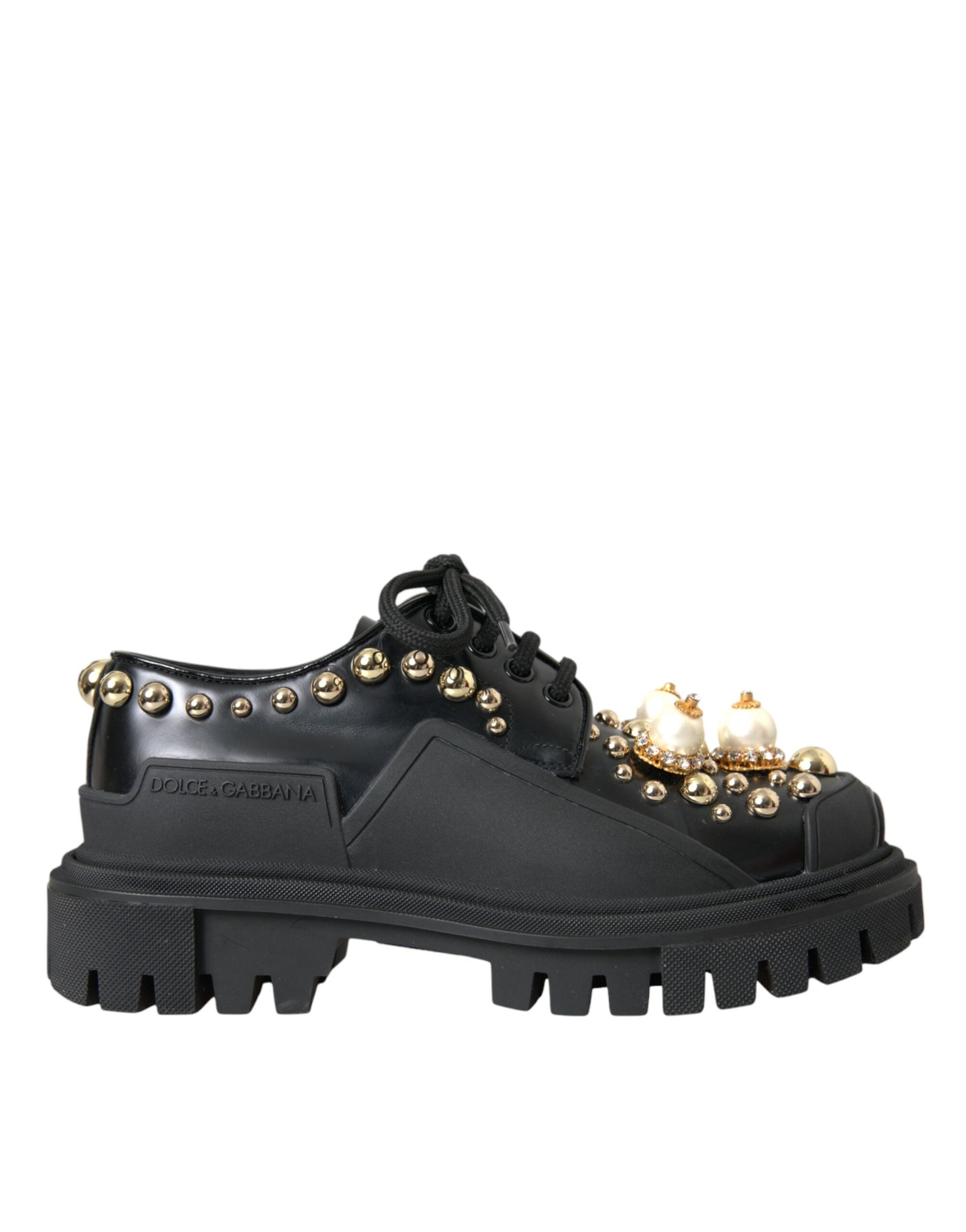 Dolce & Gabbana Black Leather Trekking Derby Embellished Shoes LUNESCAPE