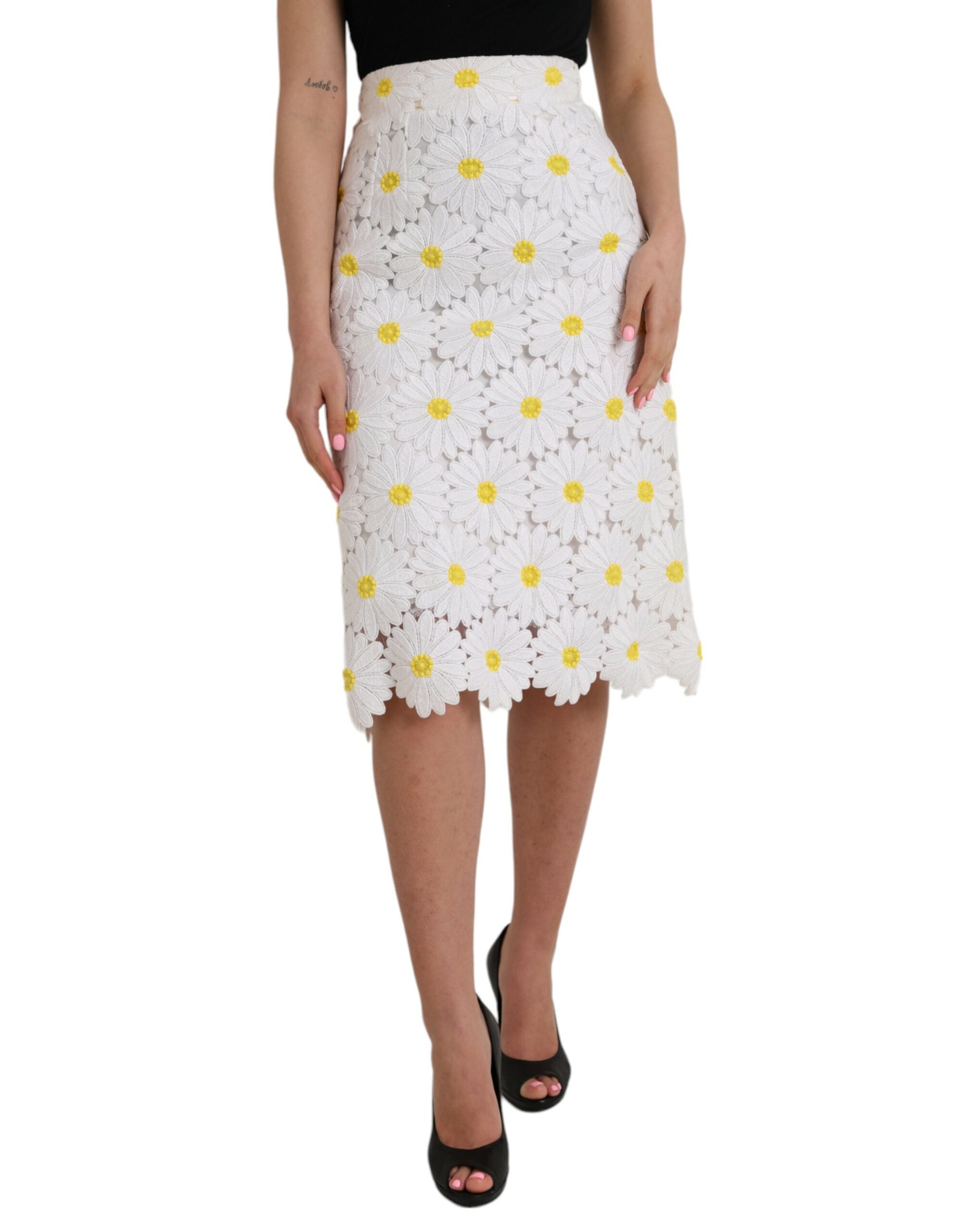 Dolce & Gabbana White Floral Pencil Straight Lace Skirt LUNESCAPE