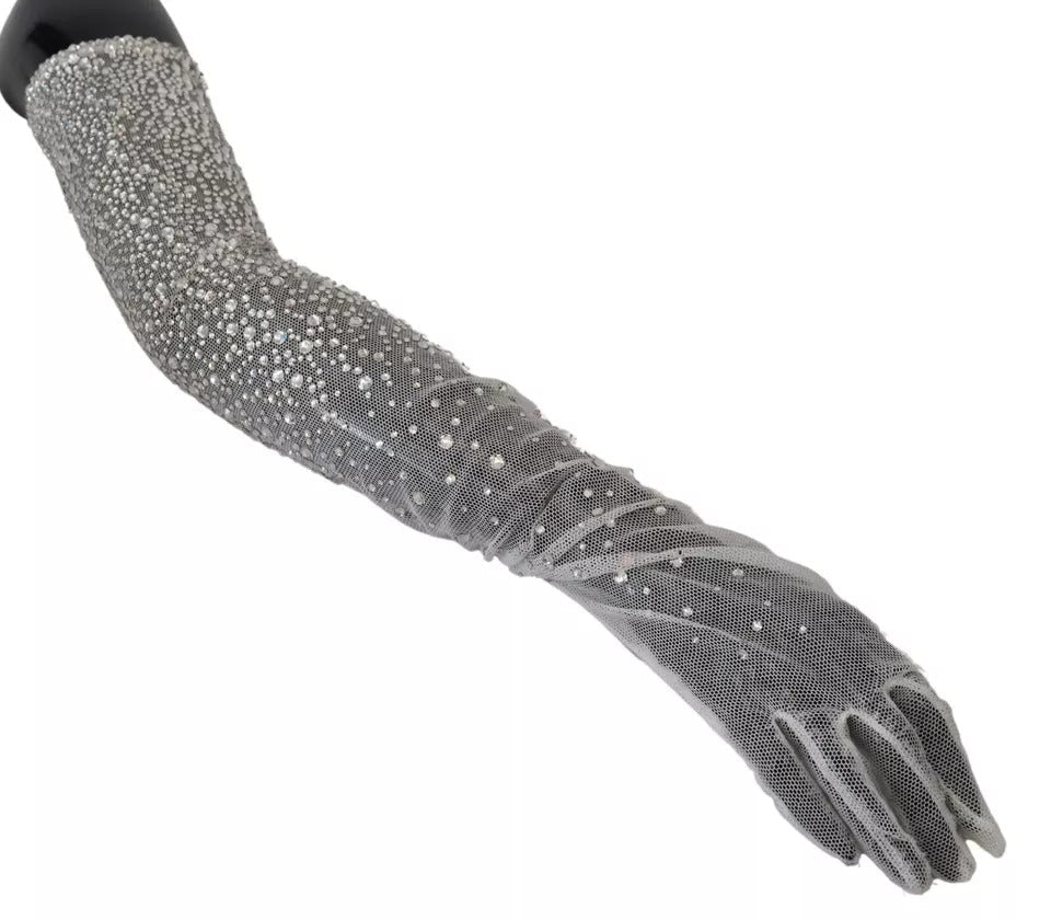 Dolce & Gabbana White Crystal Elbow Length Cotton Tulle Gloves LUNESCAPE