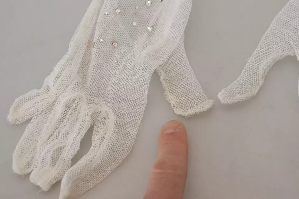 Dolce & Gabbana White Crystal Elbow Length Cotton Tulle Gloves LUNESCAPE