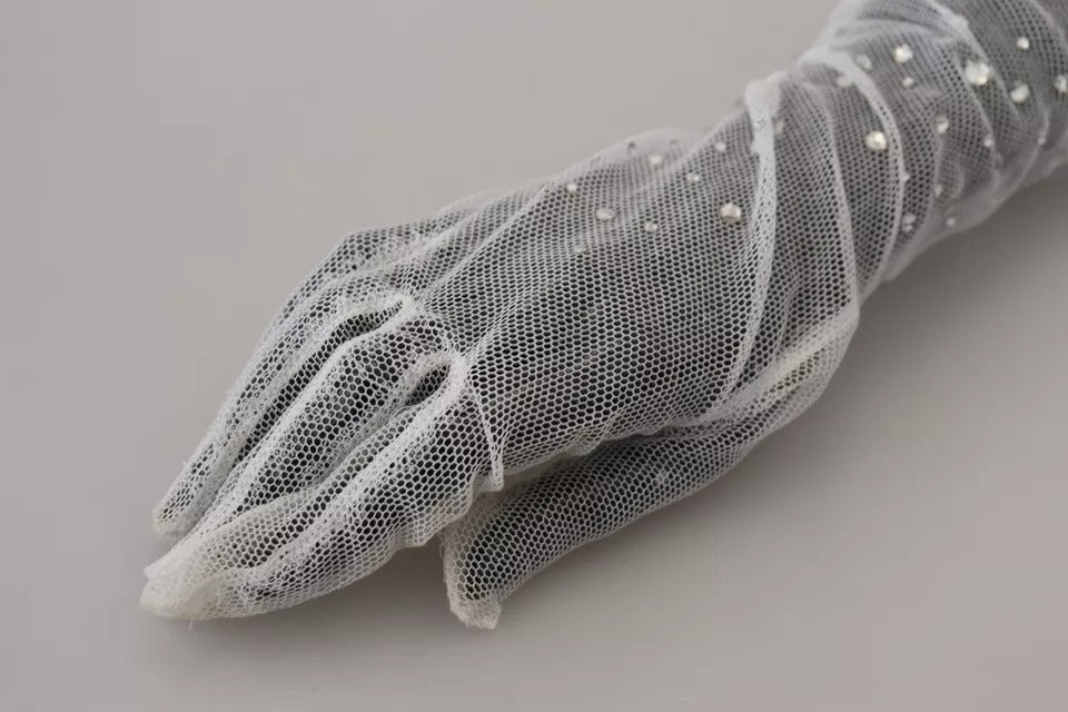 Dolce & Gabbana White Crystal Elbow Length Cotton Tulle Gloves LUNESCAPE