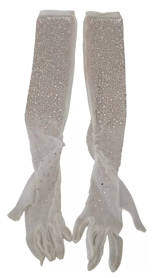 Dolce & Gabbana White Crystal Elbow Length Cotton Tulle Gloves LUNESCAPE