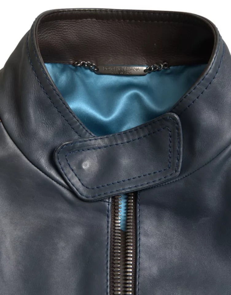 Dolce & Gabbana Blue Leather Full Zip Biker Blouson Jacket LUNESCAPE
