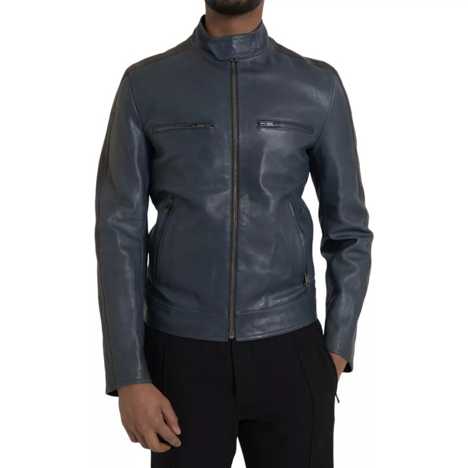 Dolce & Gabbana Blue Leather Full Zip Biker Blouson Jacket LUNESCAPE