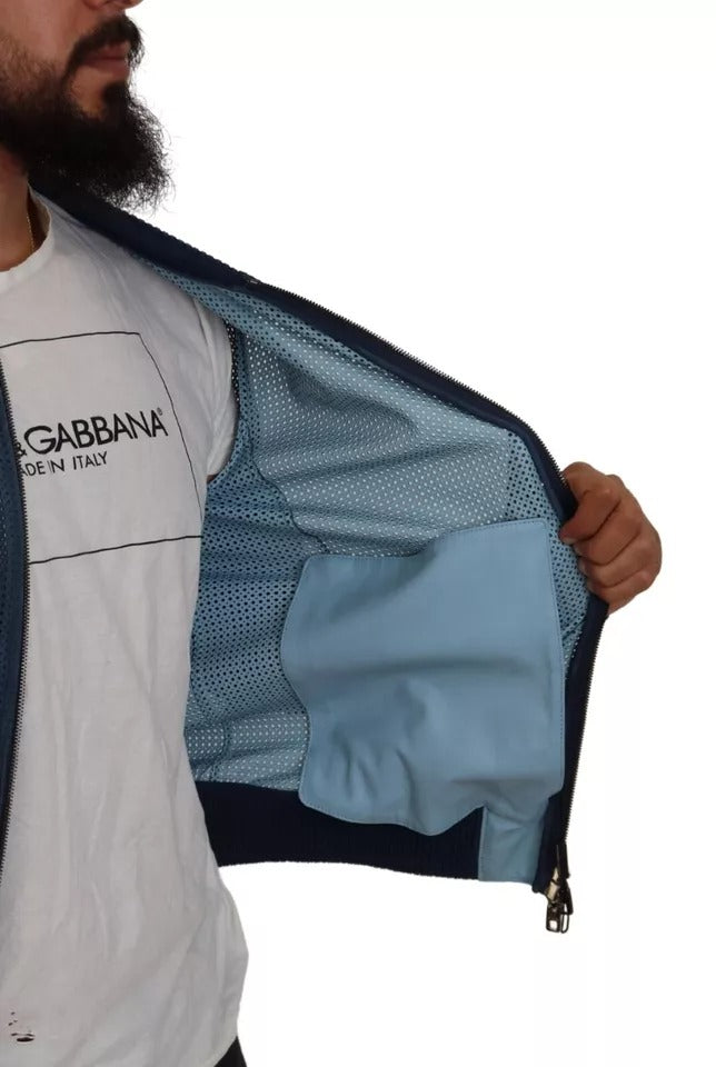 Dolce & Gabbana Blue Leather Perforated Full Zip Jacket LUNESCAPE