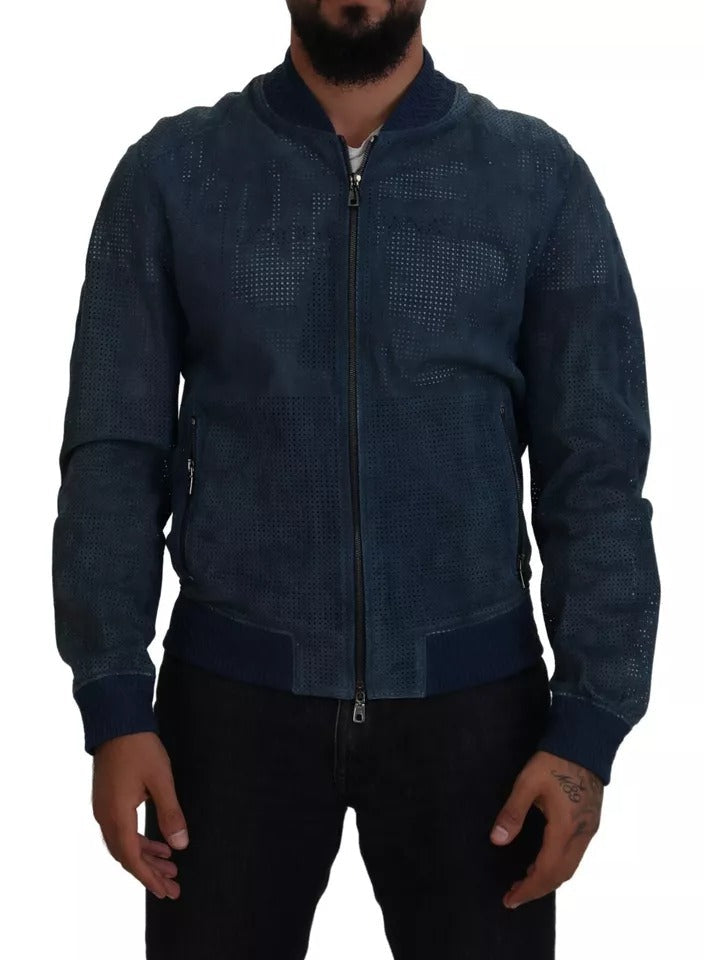 Dolce & Gabbana Blue Leather Perforated Full Zip Jacket LUNESCAPE