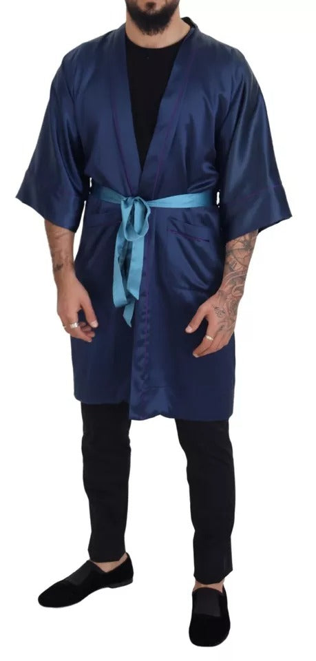 Dolce & Gabbana Blue Satin Silk Waist Belt Robe Jacket LUNESCAPE