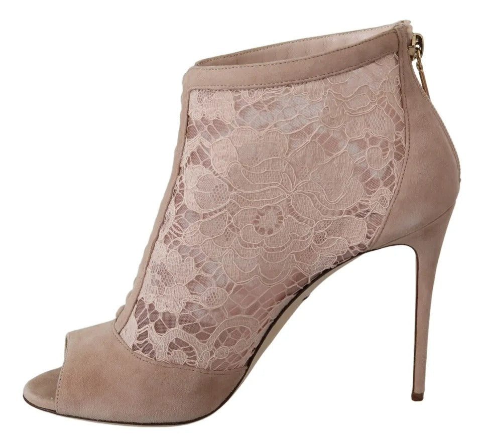 Dolce & Gabbana Beige Lace Suede Peep Toe Ankle Boots Shoes LUNESCAPE