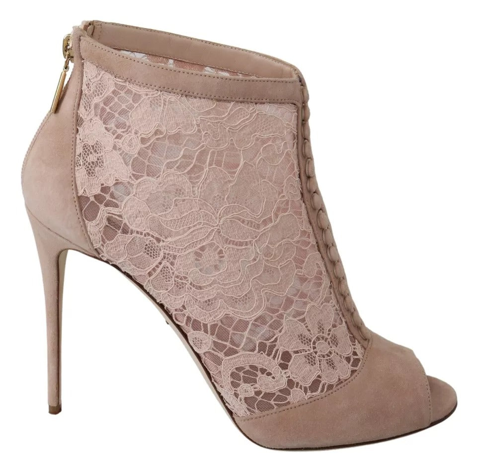 Dolce & Gabbana Beige Lace Suede Peep Toe Ankle Boots Shoes LUNESCAPE