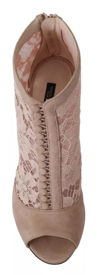 Dolce & Gabbana Beige Lace Suede Peep Toe Ankle Boots Shoes LUNESCAPE