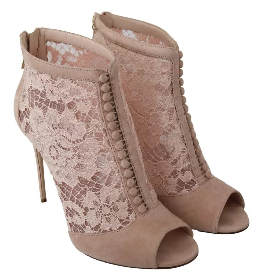Dolce & Gabbana Beige Lace Suede Peep Toe Ankle Boots Shoes LUNESCAPE