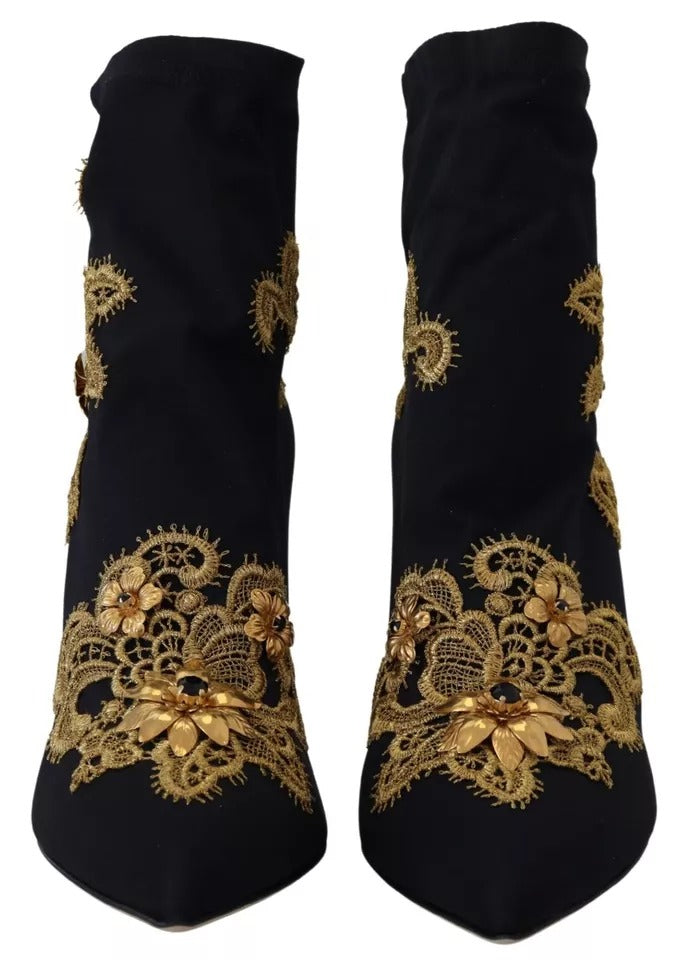 Dolce & Gabbana Black Gold Embroidery Slip On Boots Shoes LUNESCAPE