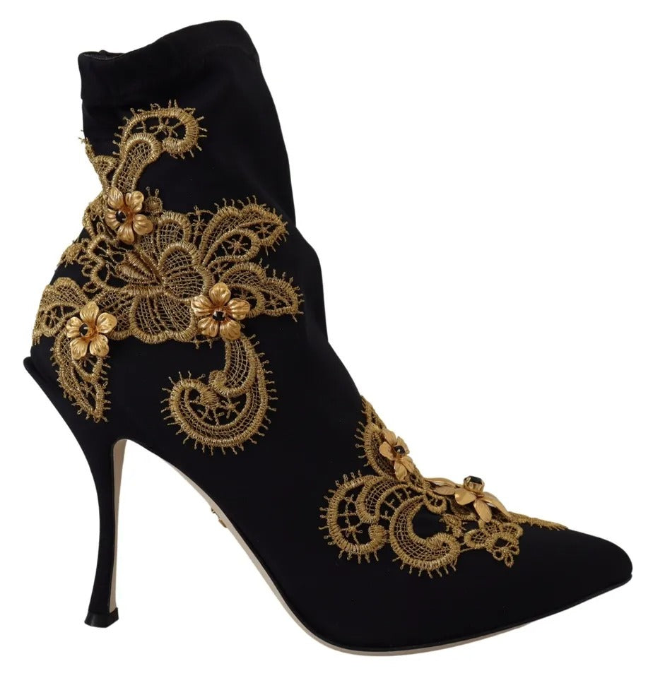Dolce & Gabbana Black Gold Embroidery Slip On Boots Shoes LUNESCAPE