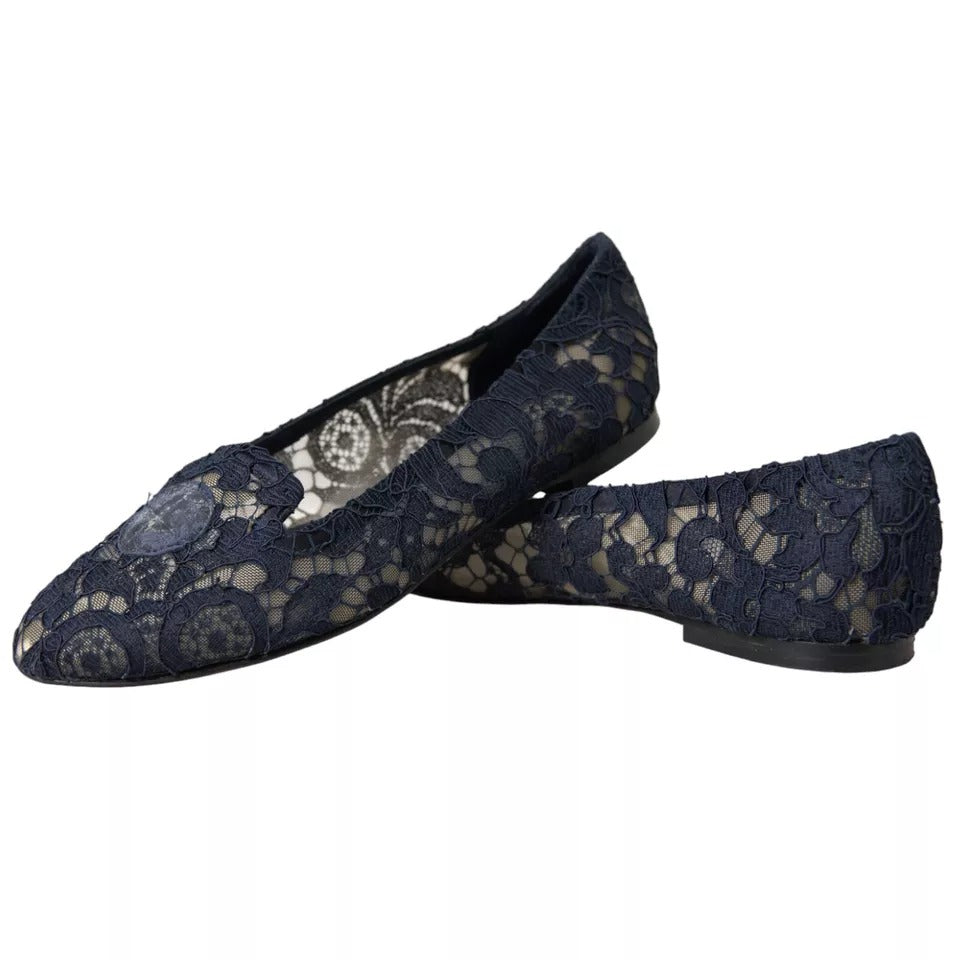 Dolce & Gabbana Dark Blue Taormina Lace Slip On Flats Shoes LUNESCAPE