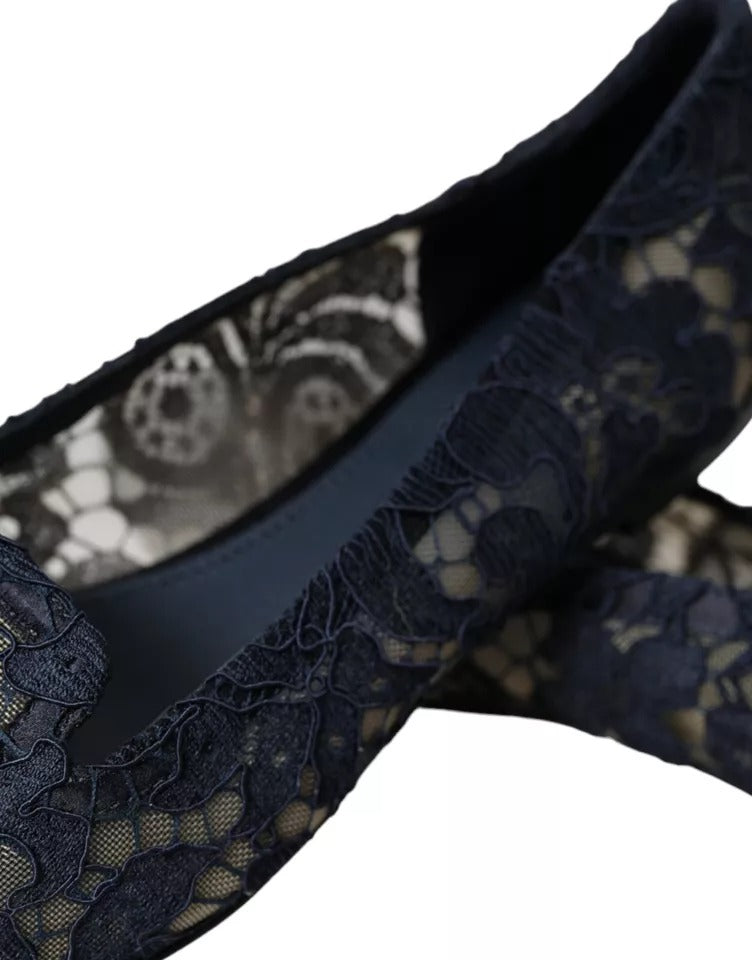 Dolce & Gabbana Dark Blue Taormina Lace Slip On Flats Shoes LUNESCAPE
