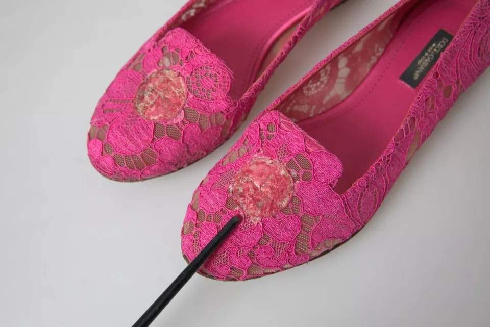 Dolce & Gabbana Pink Taormina Lace Slip On Flats Shoes LUNESCAPE