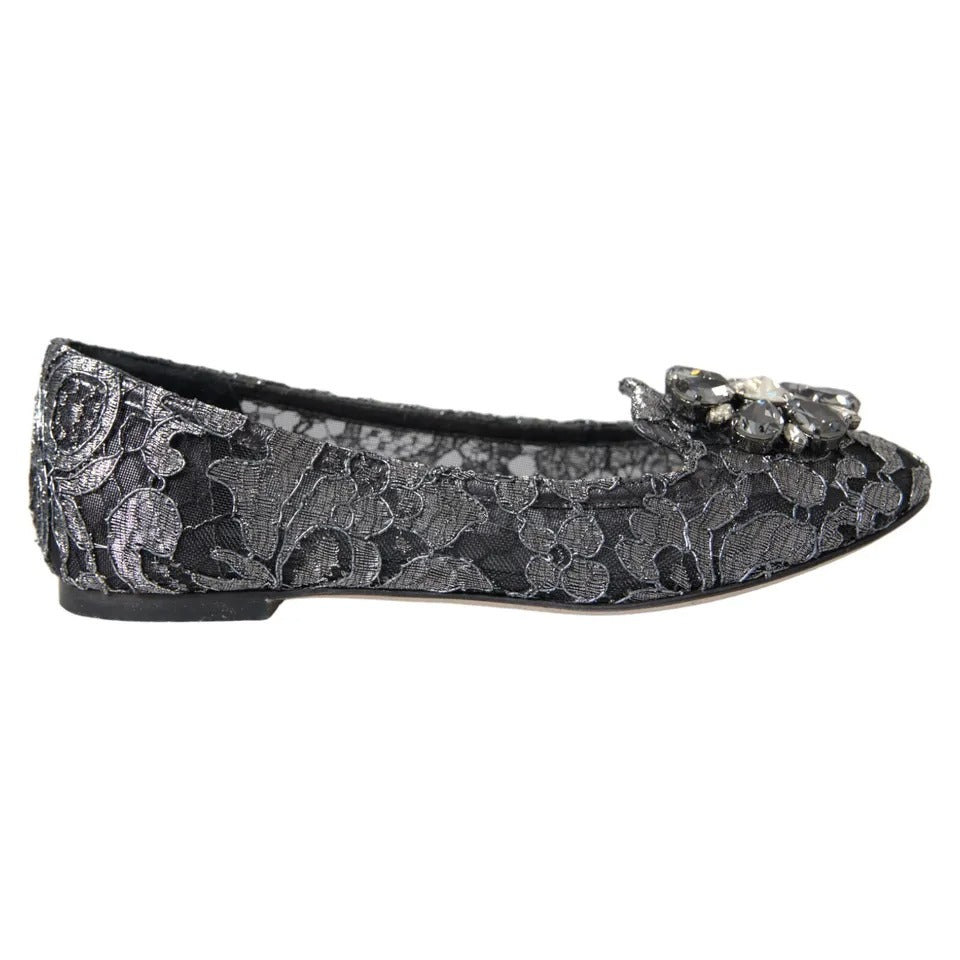 Dolce & Gabbana Gray Black Lace Crystal Ballet Loafers Shoes LUNESCAPE