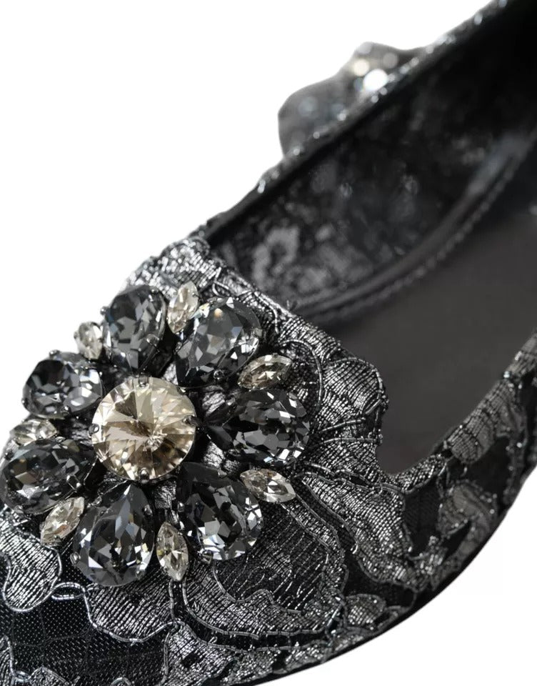 Dolce & Gabbana Gray Black Lace Crystal Ballet Loafers Shoes LUNESCAPE