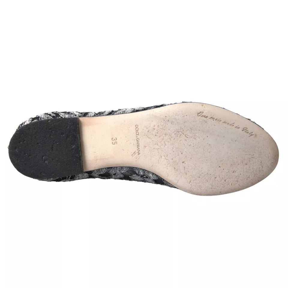 Dolce & Gabbana Gray Black Lace Crystal Ballet Loafers Shoes