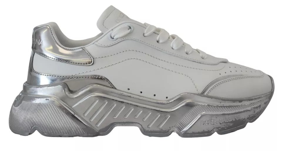 Dolce & Gabbana White Silver Leather Daymaster Sneakers Shoes LUNESCAPE