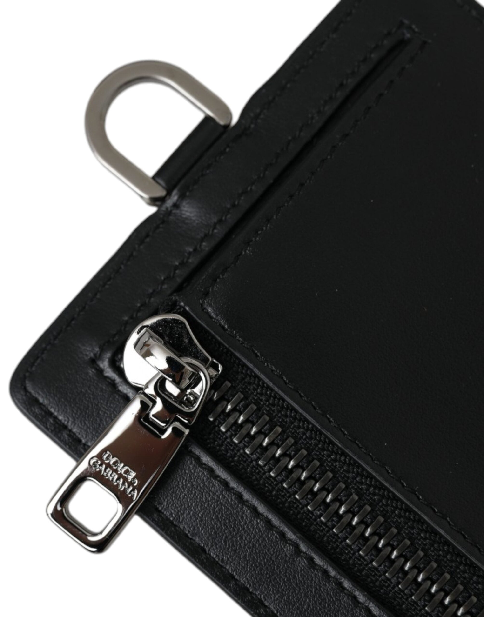 Dolce & Gabbana Black Calf Leather Lanyard Logo Card Holder Men Wallet LUNESCAPE