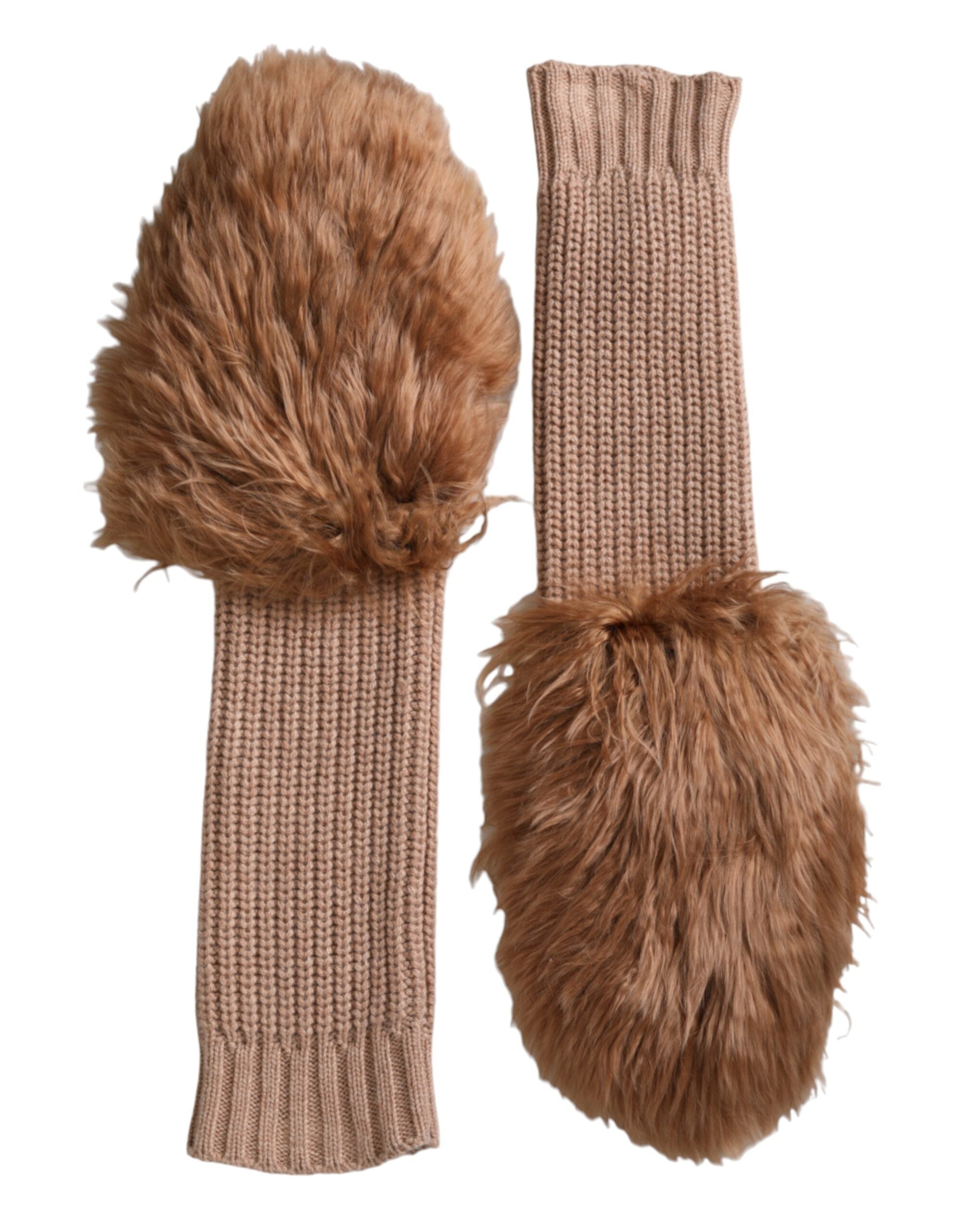 Dolce & Gabbana Brown Cashmere Knitted Fur Mid Arm Mitten Gloves LUNESCAPE