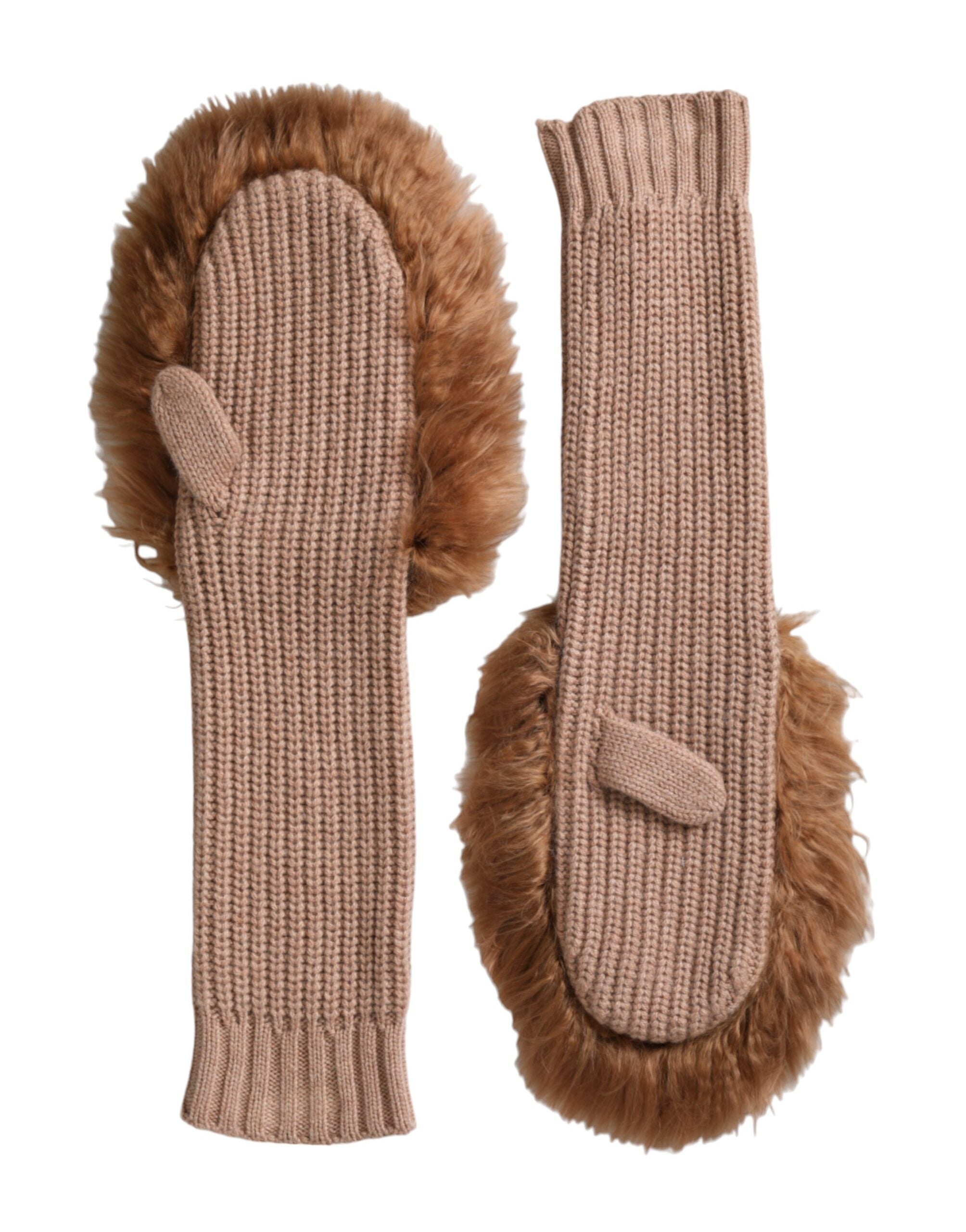 Dolce & Gabbana Brown Cashmere Knitted Fur Mid Arm Mitten Gloves LUNESCAPE