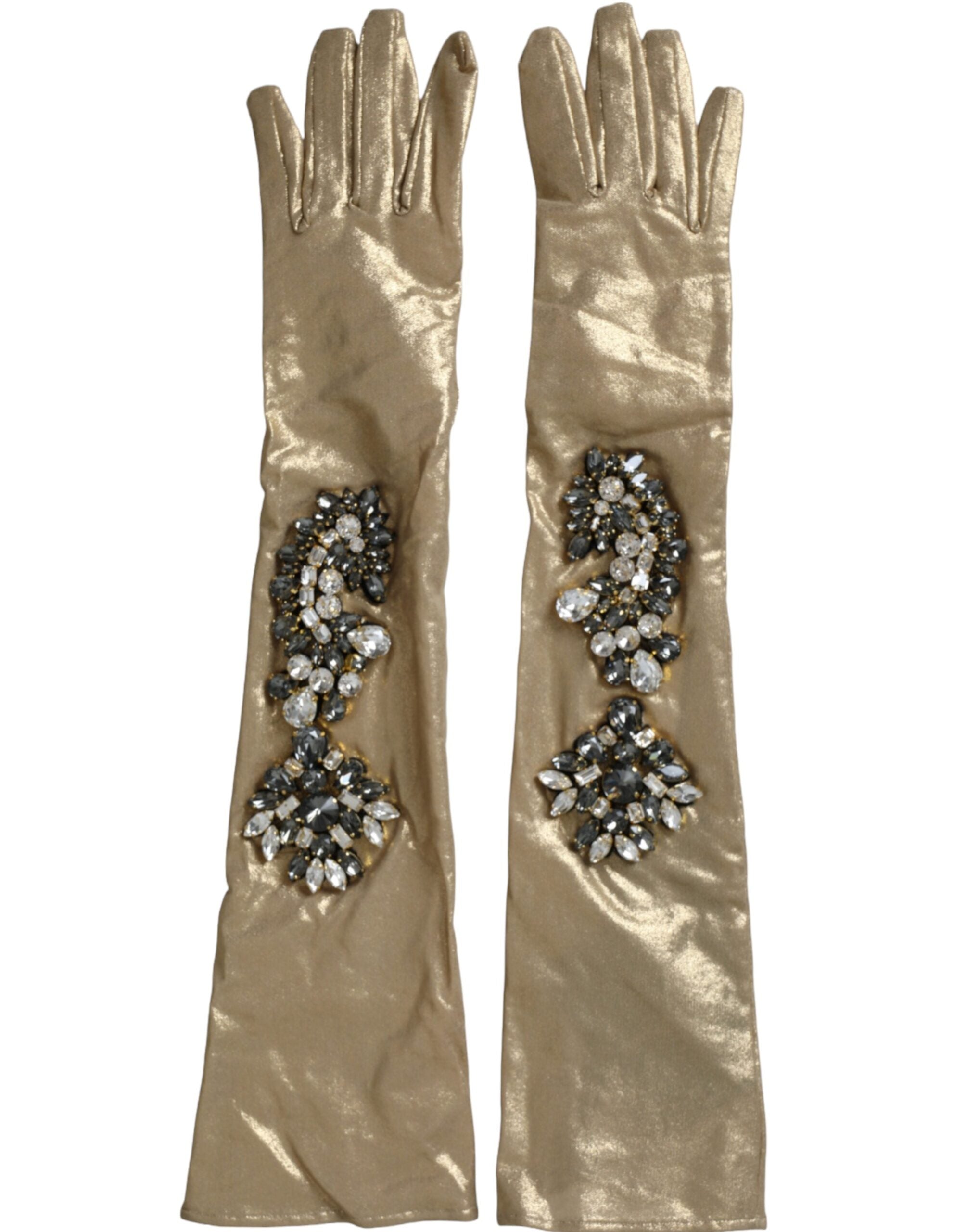 Dolce & Gabbana Beige Satin Crystal Elbow Length Gloves LUNESCAPE