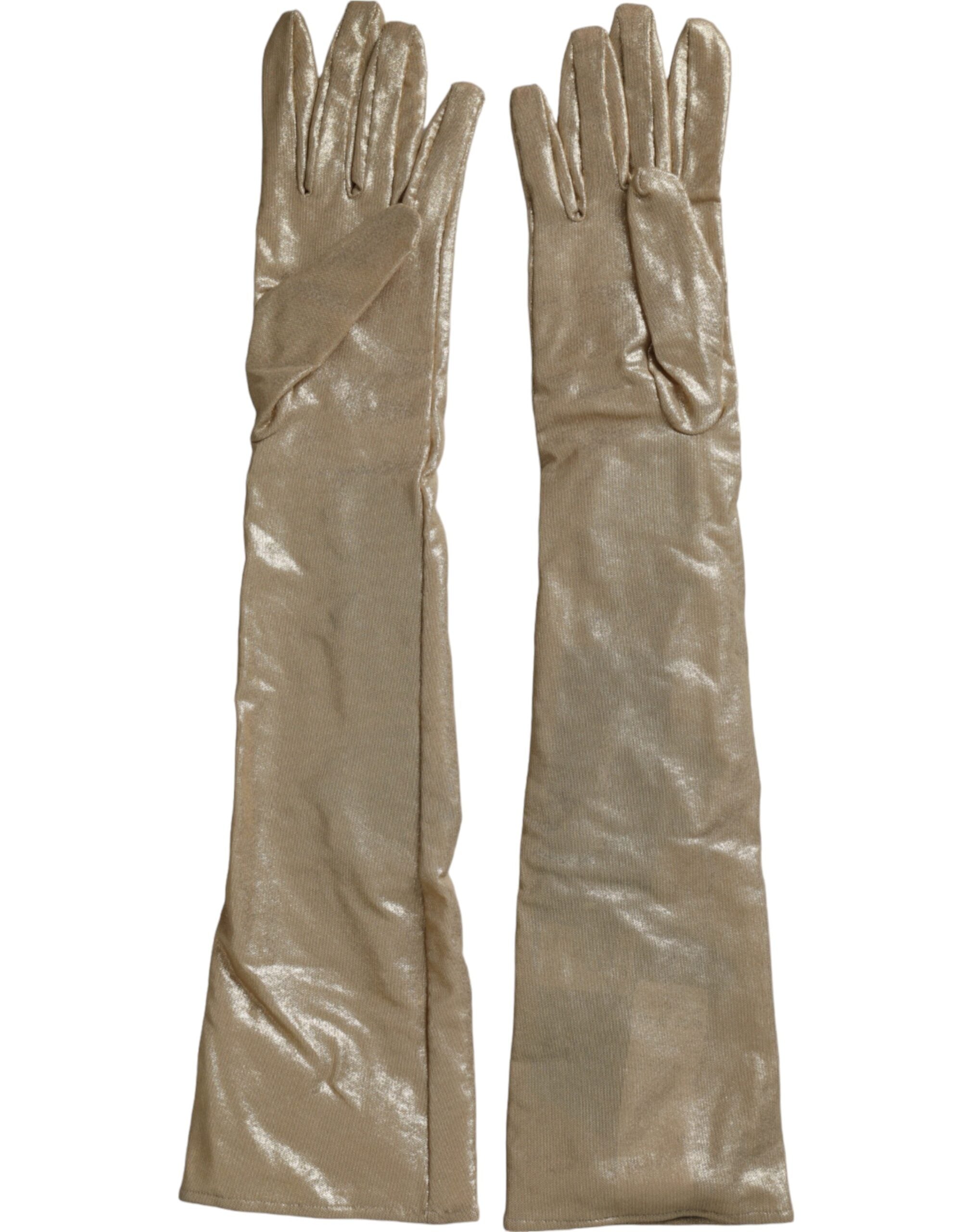 Dolce & Gabbana Beige Satin Crystal Elbow Length Gloves LUNESCAPE