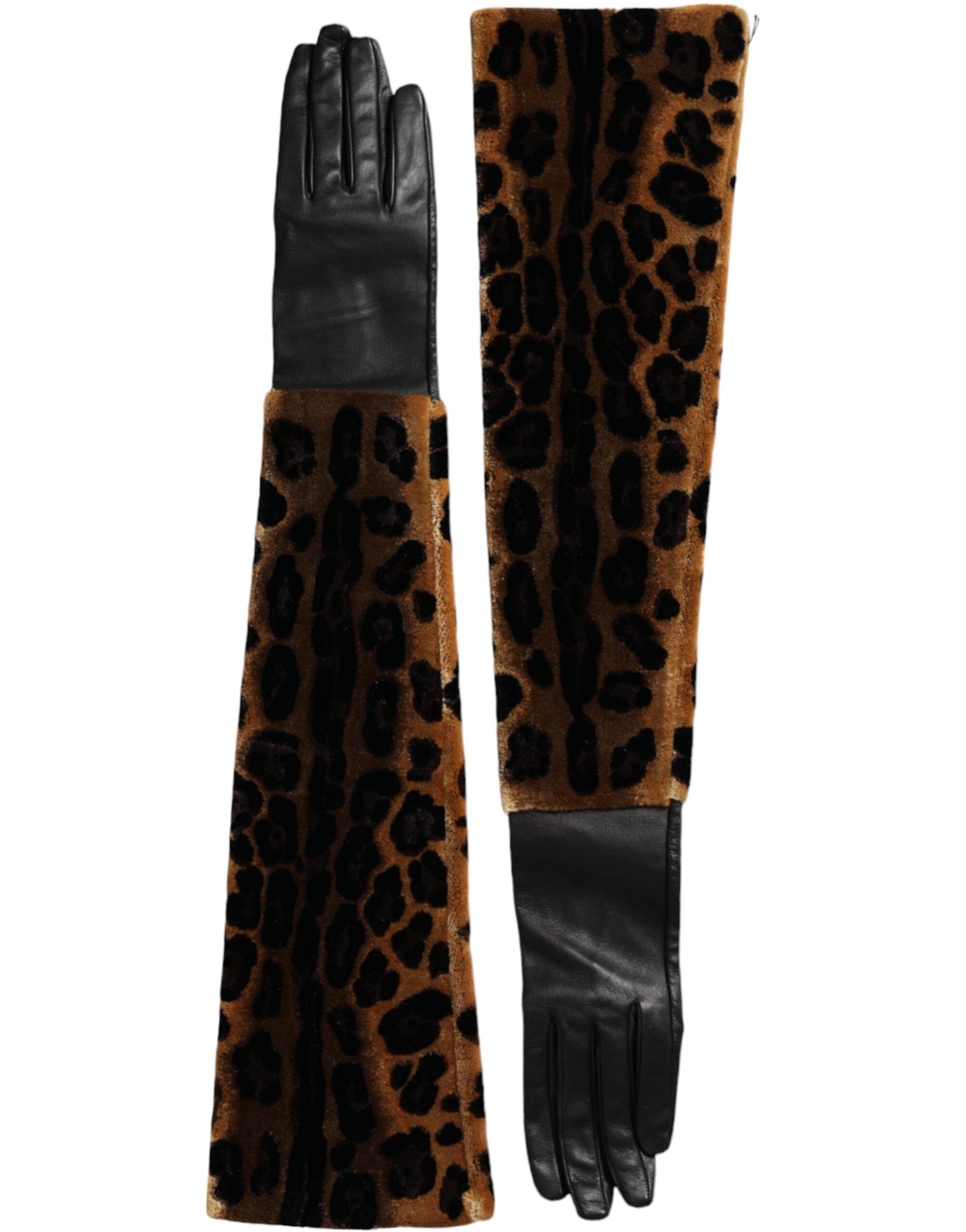 Dolce & Gabbana Brown Black Leopard Leather Elbow Length Gloves LUNESCAPE