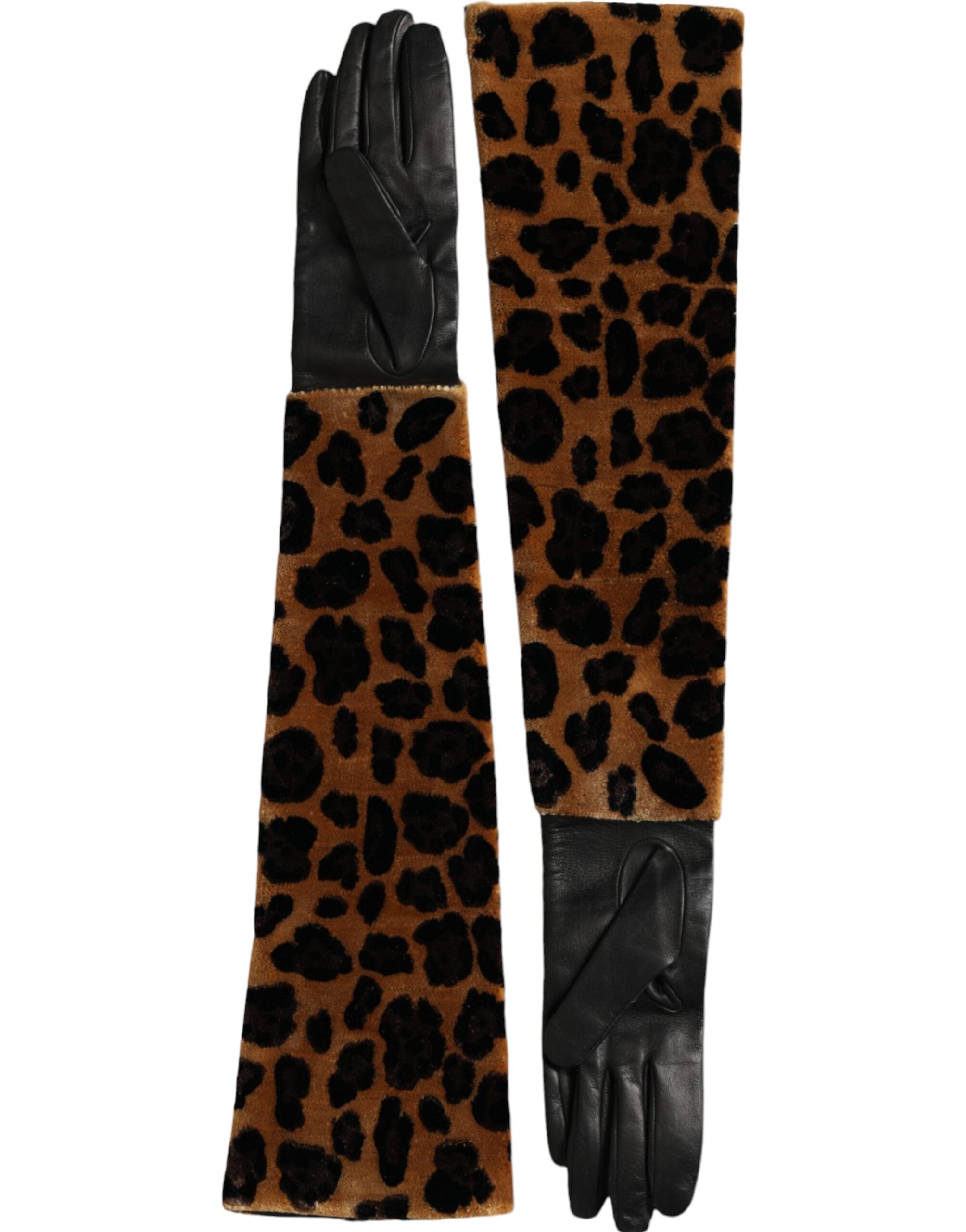 Dolce & Gabbana Brown Black Leopard Leather Elbow Length Gloves LUNESCAPE