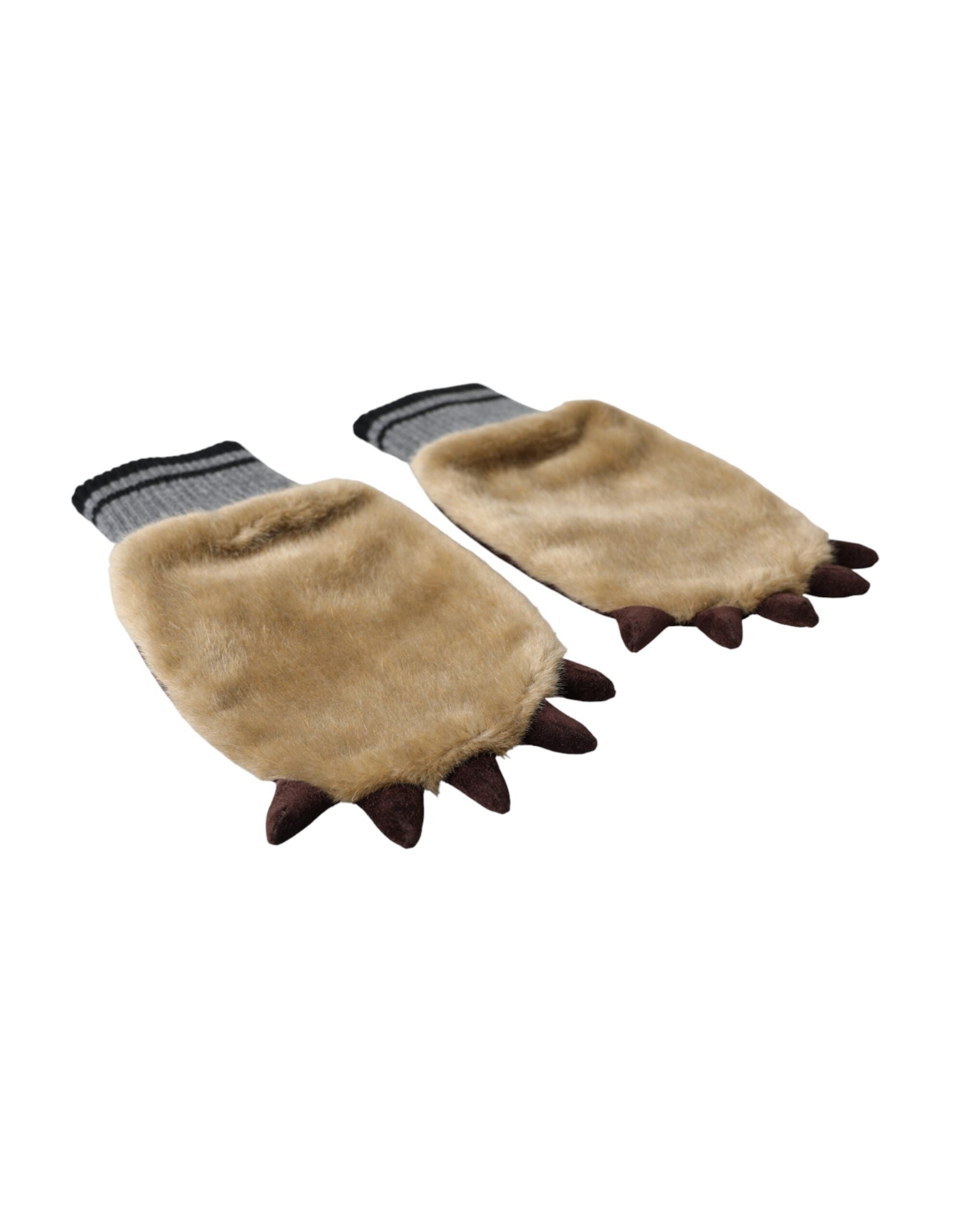Dolce & Gabbana Beige Knitted Fur Wrist Mitten Gloves LUNESCAPE