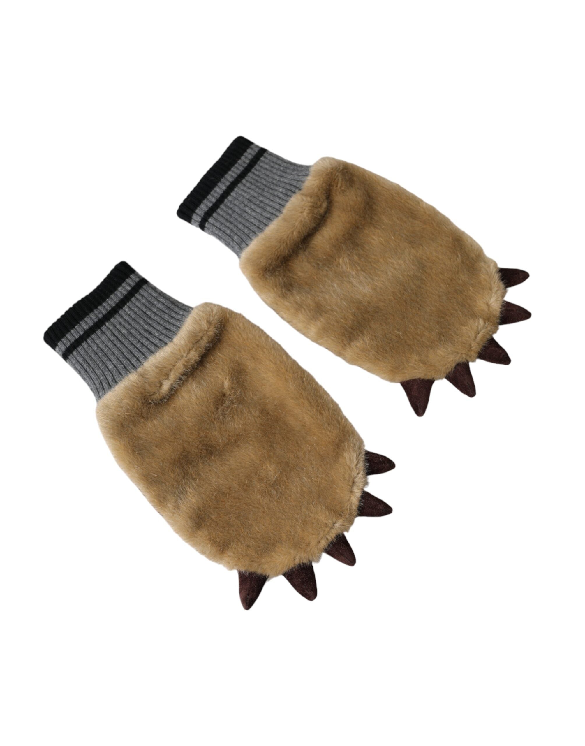 Dolce & Gabbana Beige Knitted Fur Wrist Mitten Gloves LUNESCAPE