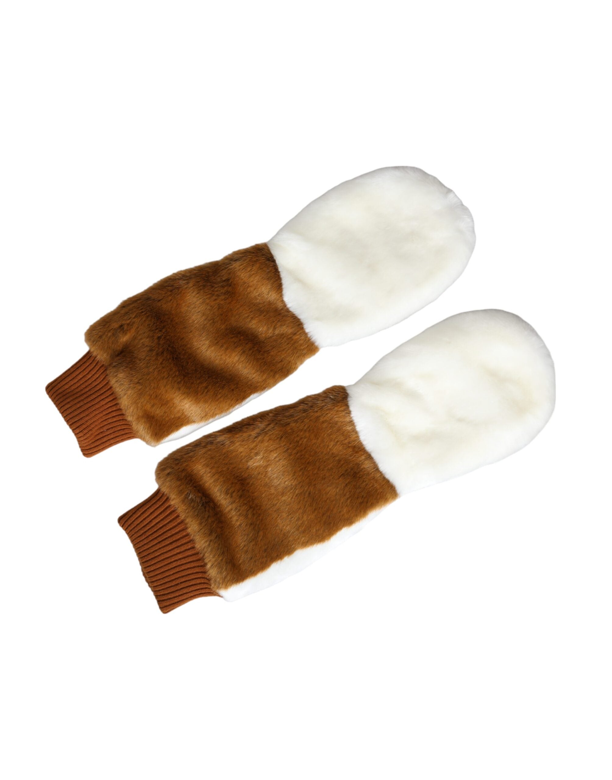 Dolce & Gabbana Brown White Knitted Fur Mitten Gloves LUNESCAPE