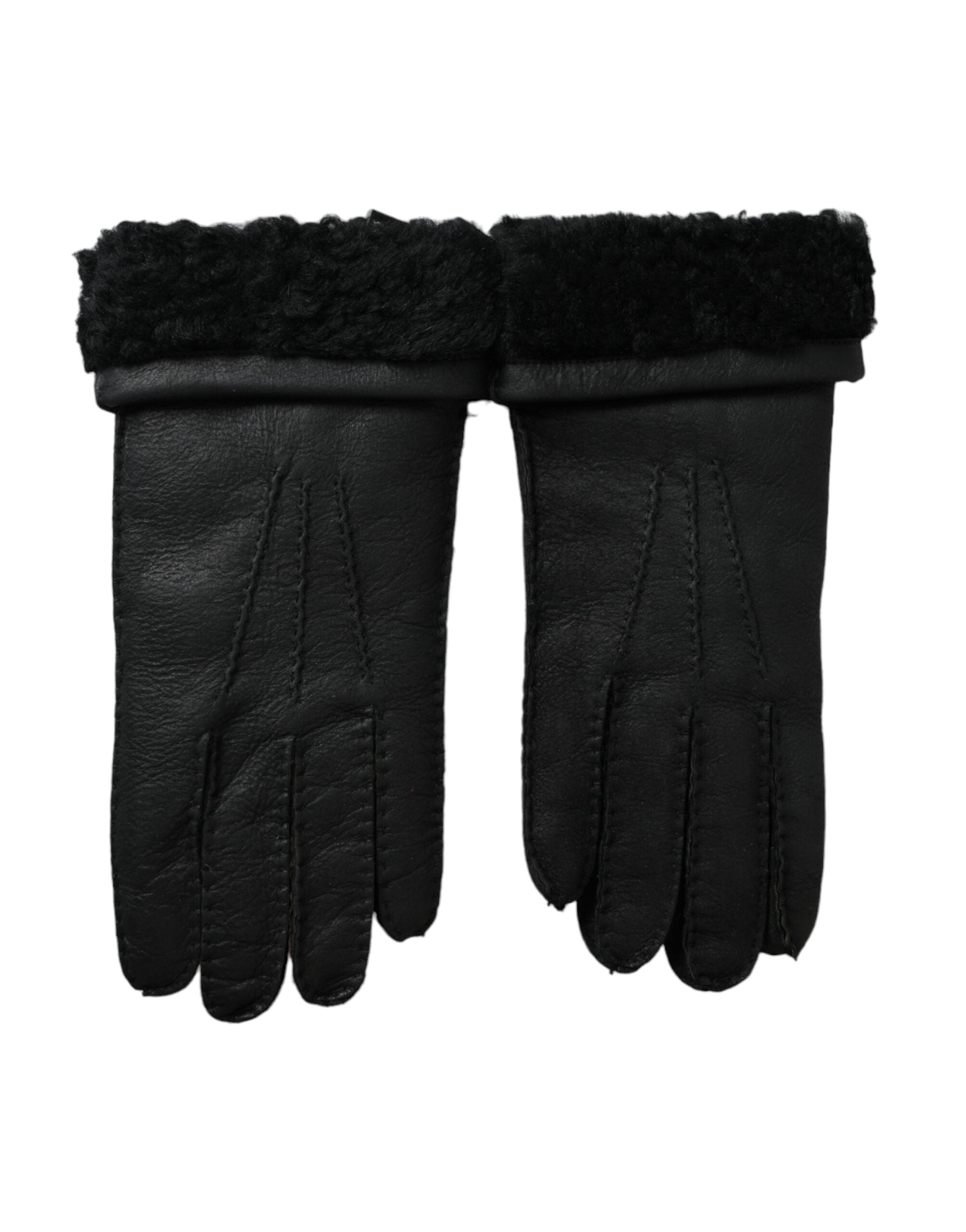 Dolce & Gabbana Black Leather Fur Short Hands Gloves LUNESCAPE