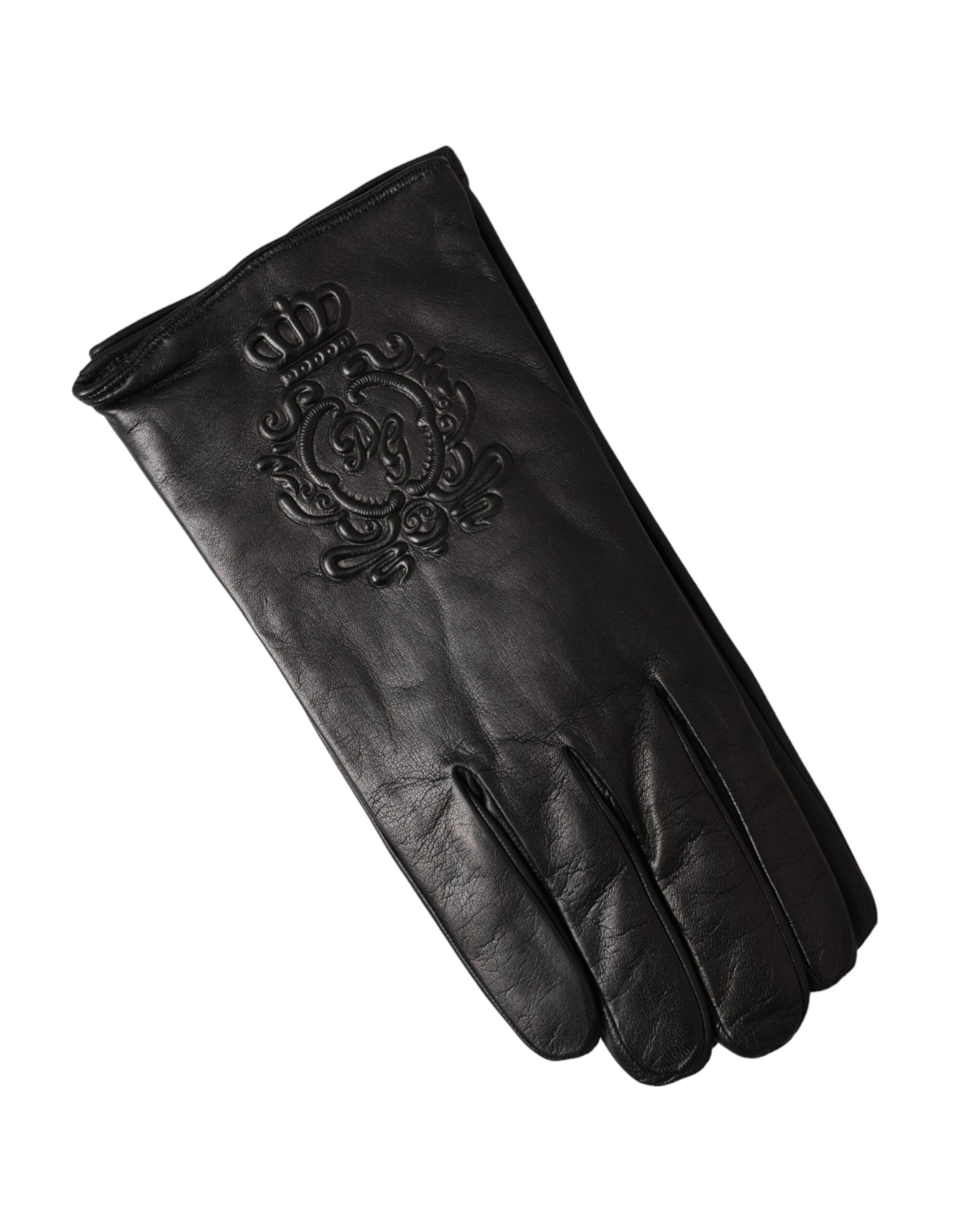 Dolce & Gabbana Black Leather Embossed Logo Short Hands Gloves LUNESCAPE