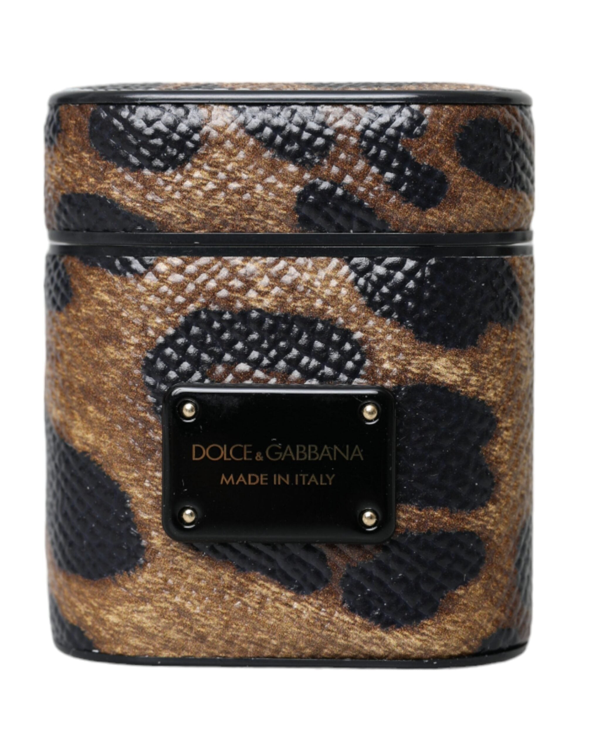 Dolce & Gabbana Brown Leopard Calf Leather Metal Logo Plaque Airpods Case LUNESCAPE