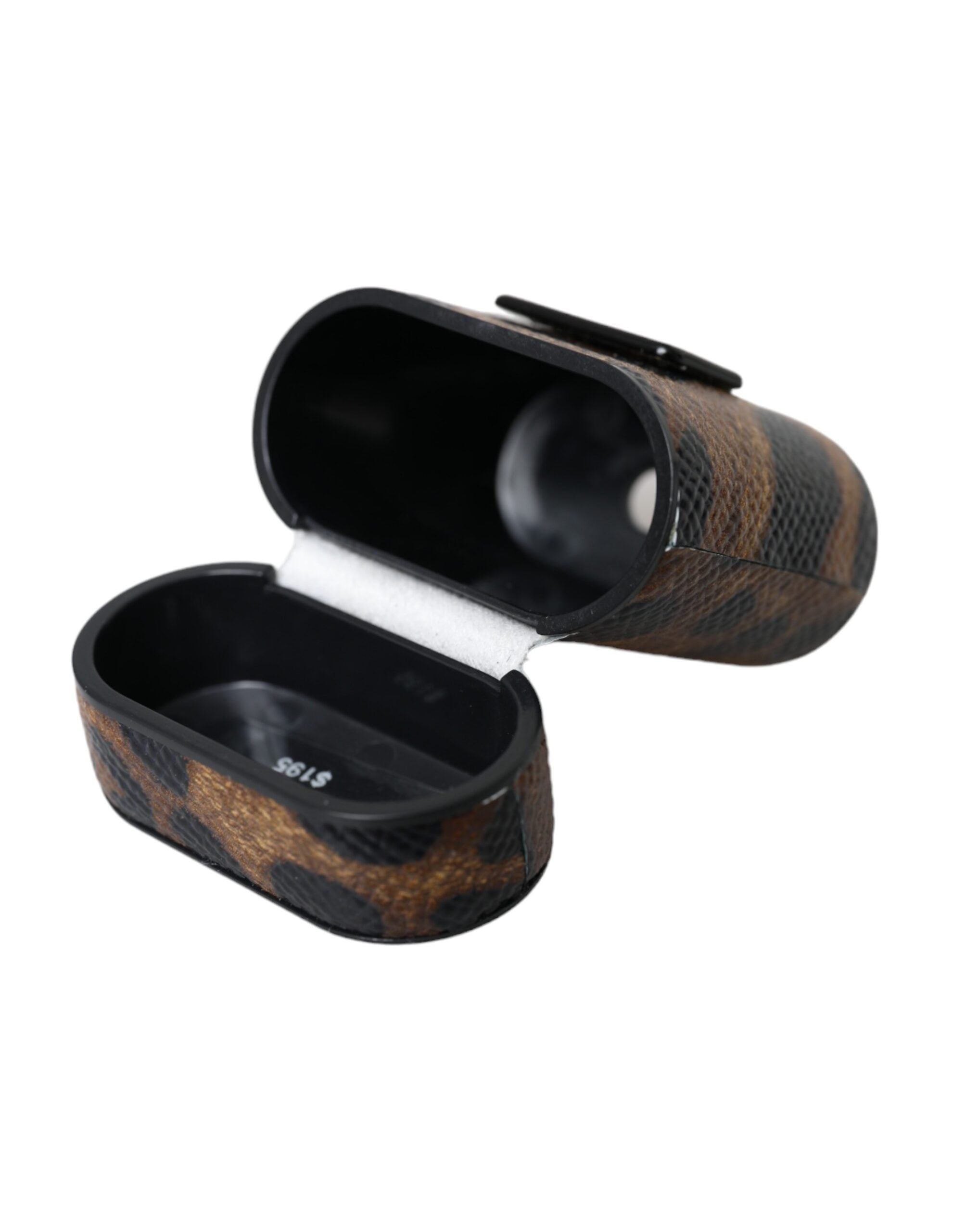 Dolce & Gabbana Brown Leopard Calf Leather Metal Logo Plaque Airpods Case LUNESCAPE