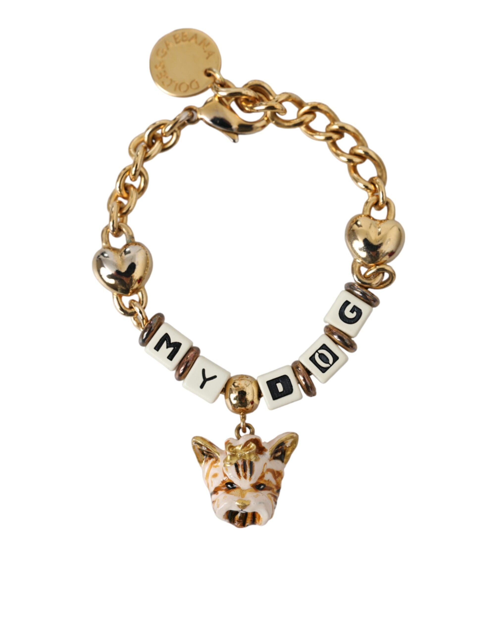 Dolce & Gabbana Gold Tone Brass Chain MY DOG Heart Bracelet LUNESCAPE