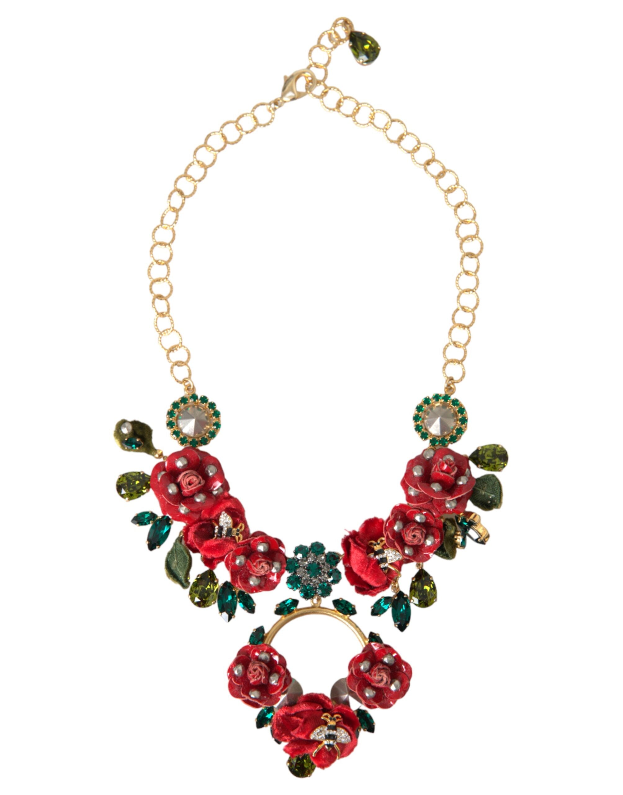 Dolce & Gabbana Gold Brass Link Chain RosePetal Crystal Pendant Necklace LUNESCAPE