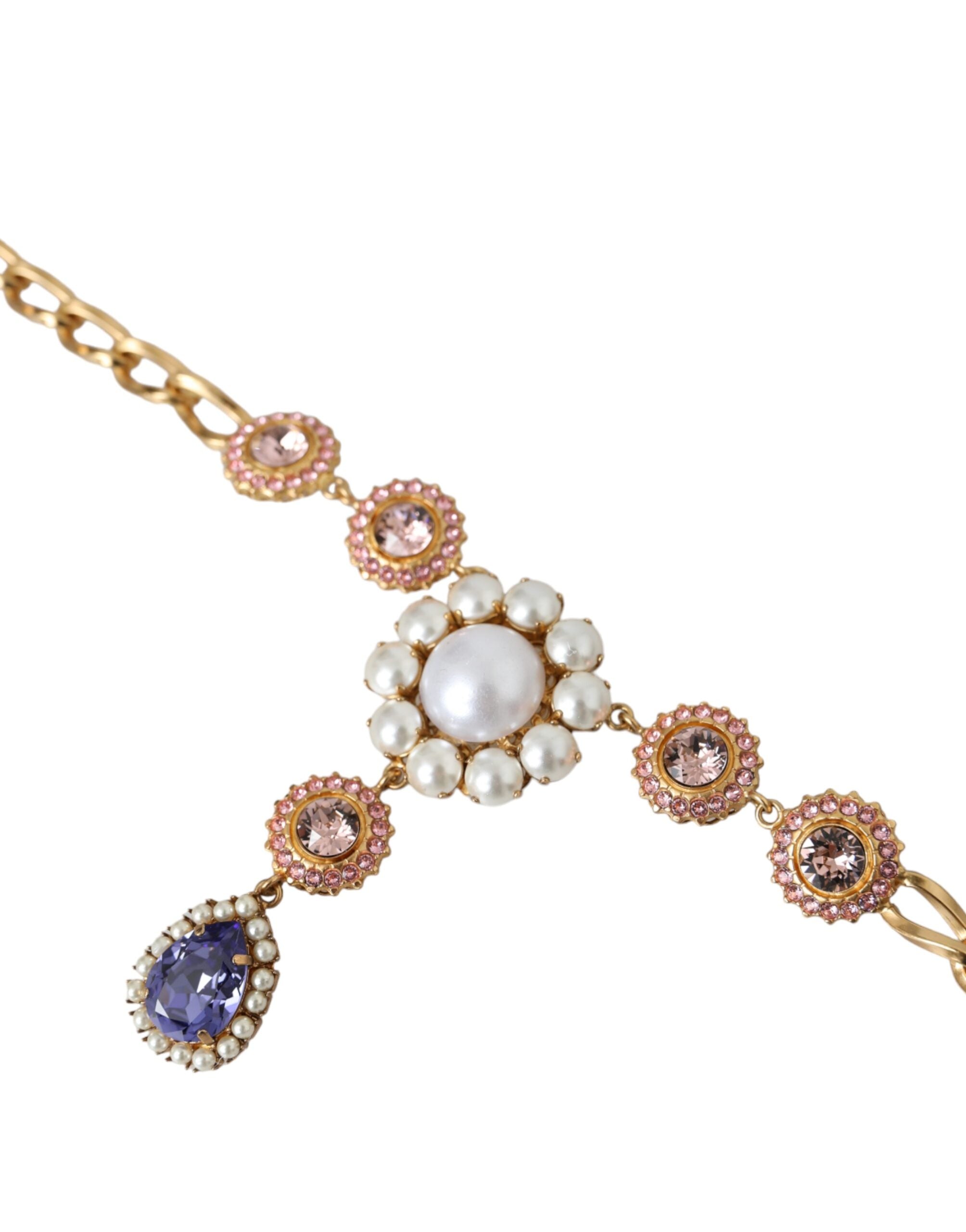 Dolce & Gabbana Gold Brass Crystal Purple Pink Pearl Pendants Necklace LUNESCAPE