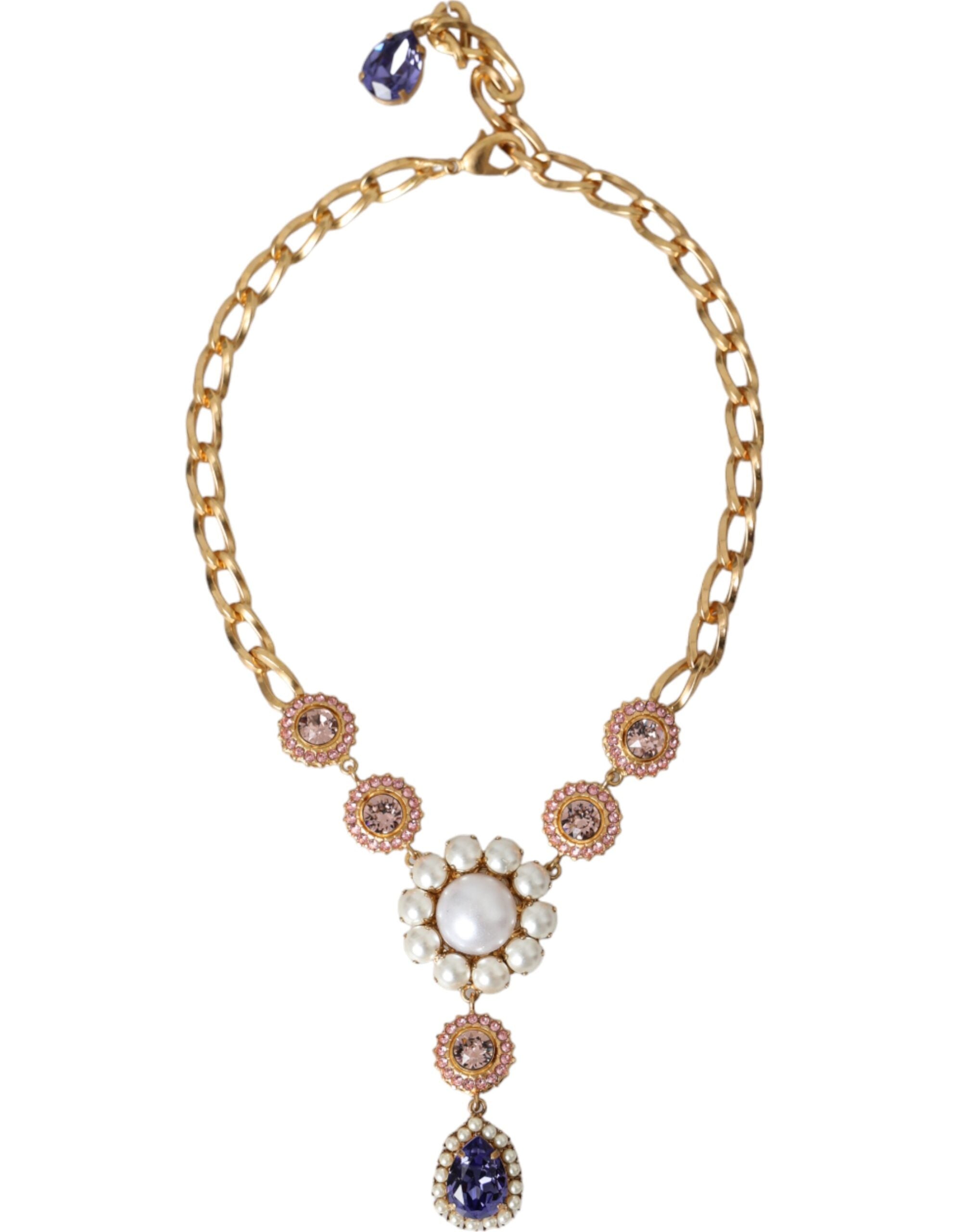 Dolce & Gabbana Gold Brass Crystal Purple Pink Pearl Pendants Necklace LUNESCAPE