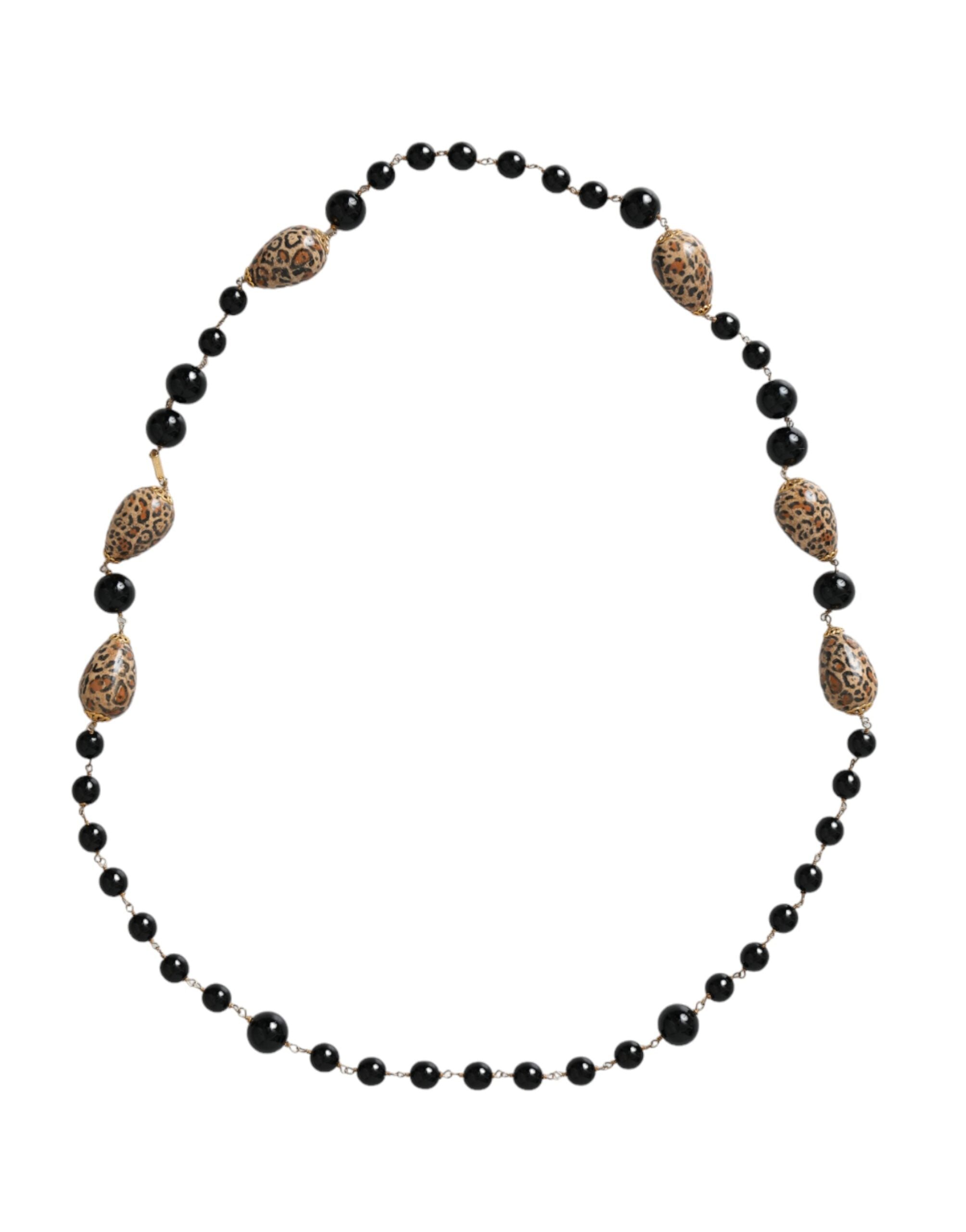 Dolce & Gabbana Gold Tone Brass Black Printed Beaded Long Chain Necklace LUNESCAPE