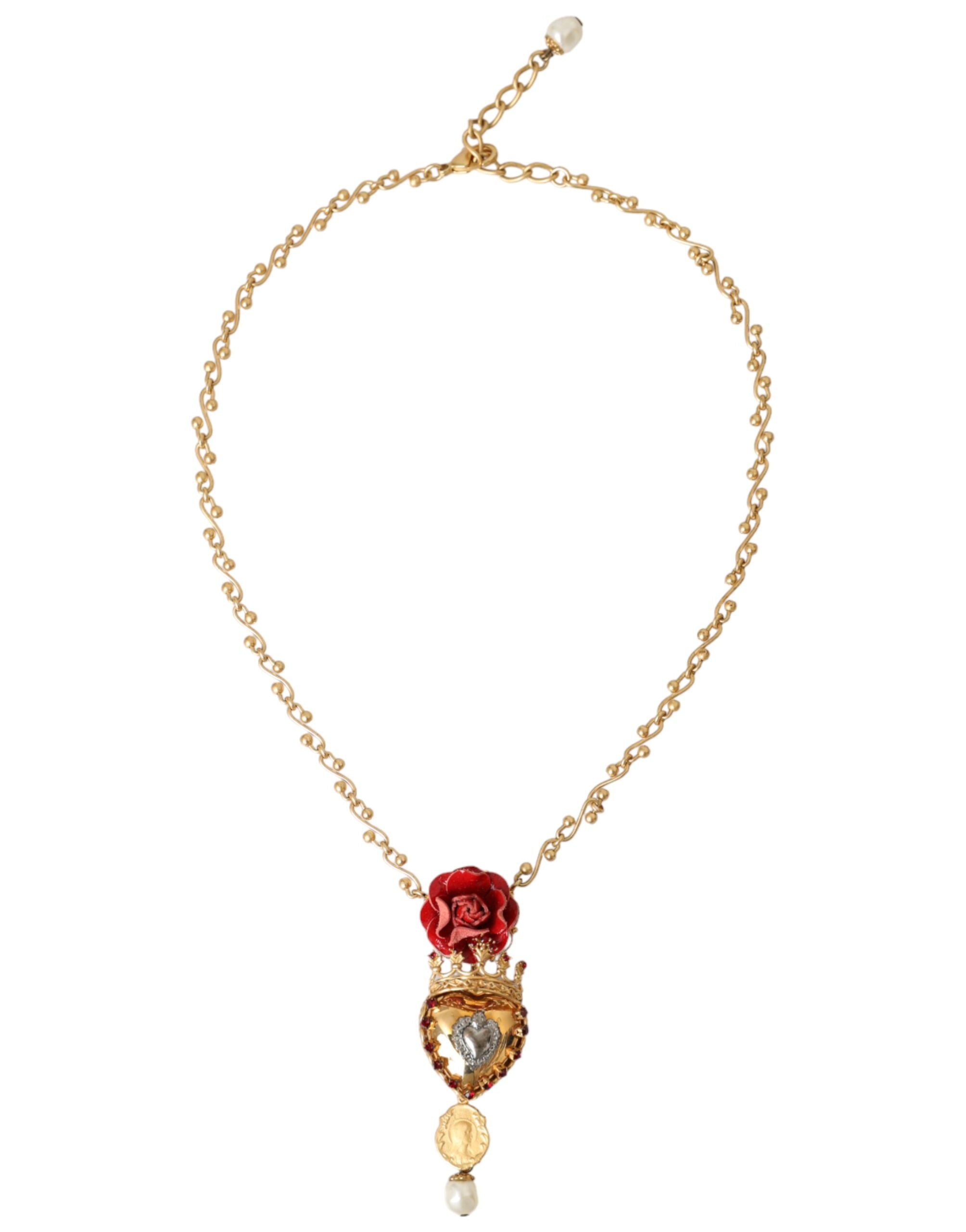 Dolce & Gabbana Gold BrassChain Sacred Heart Rose Crystal Charm Necklace LUNESCAPE