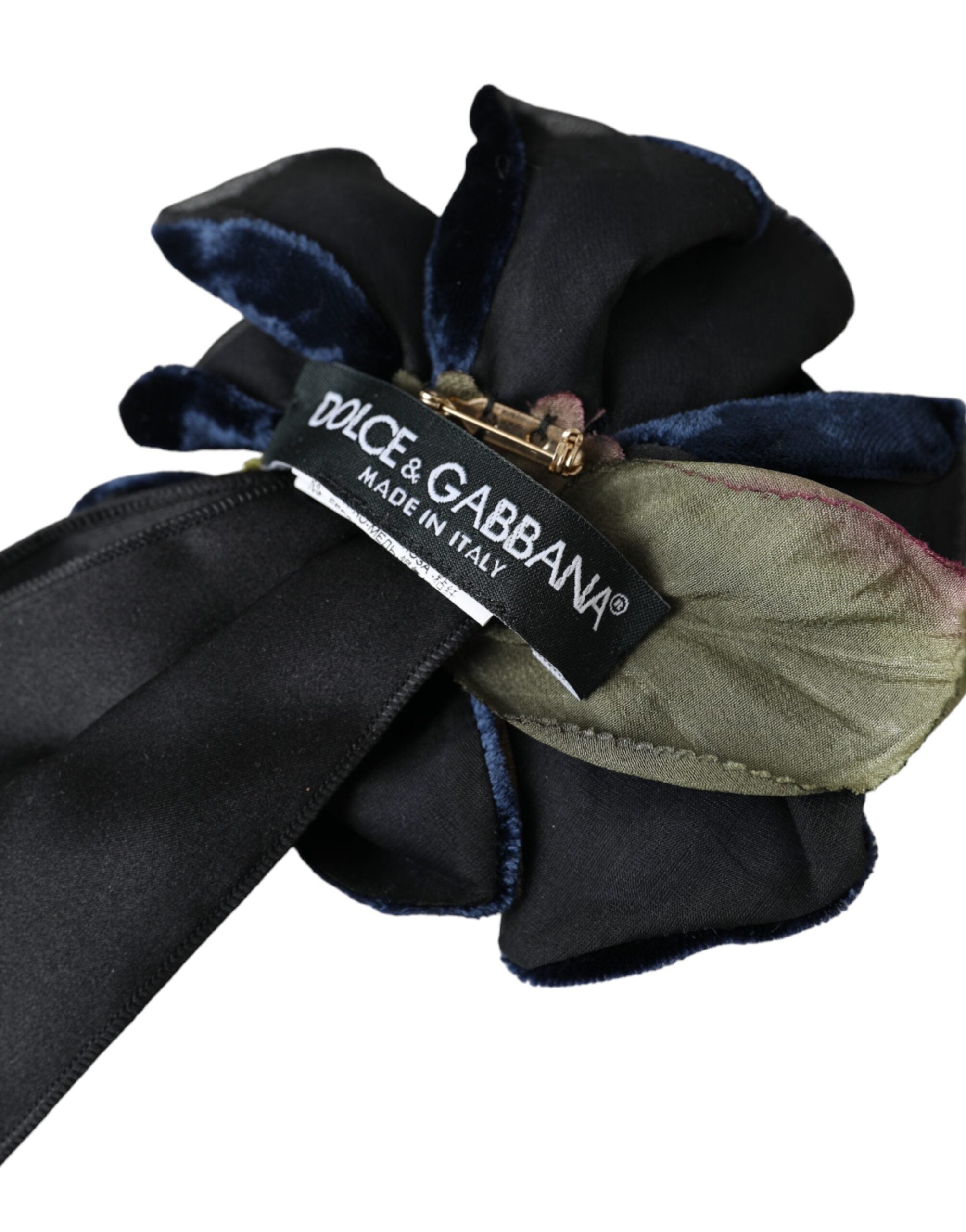 Dolce & Gabbana Black Silk Gold Brass Floral Hair Pin Brooch LUNESCAPE