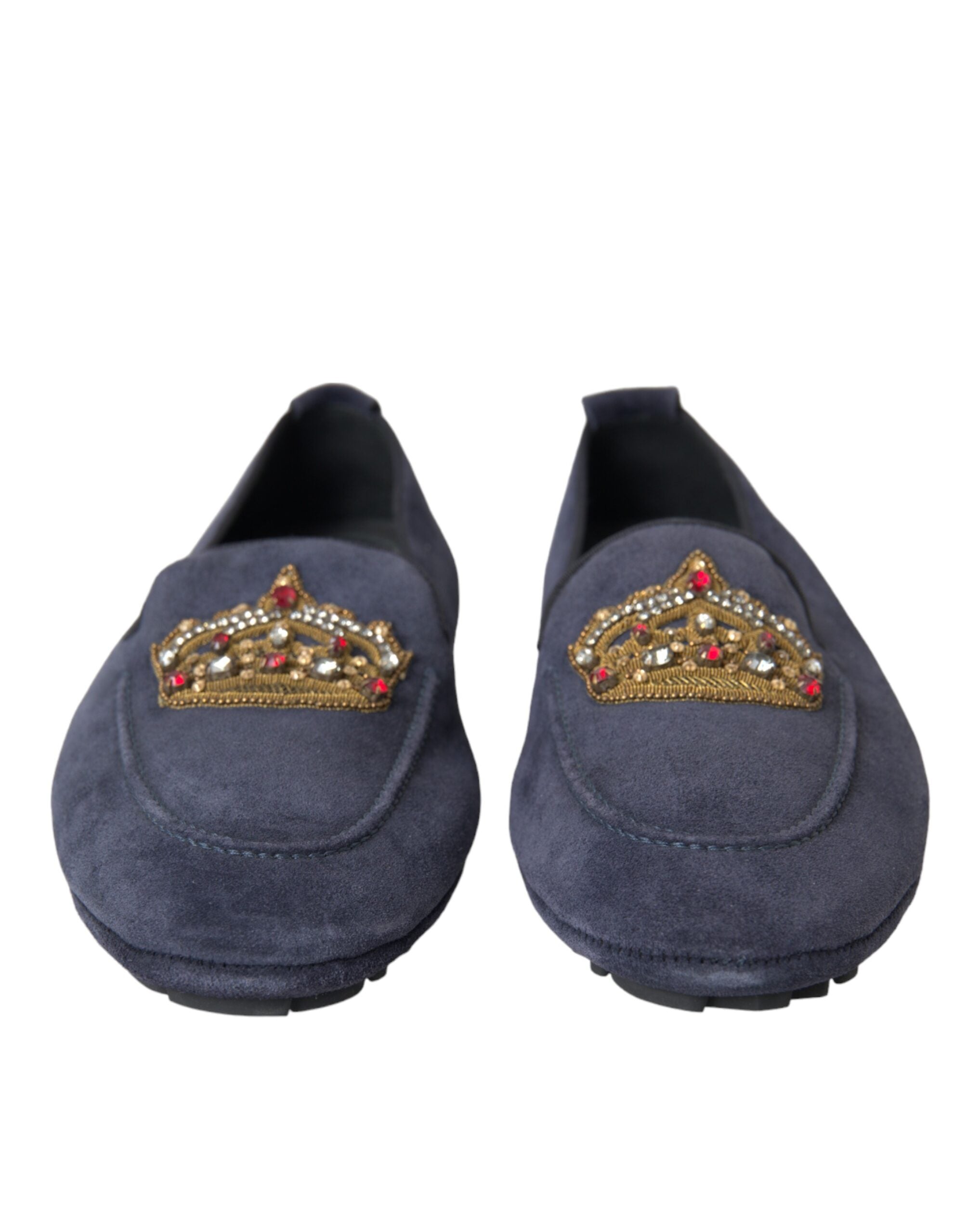 Dolce & Gabbana Blue Leather Suede Crystal Crown Loafers Shoes LUNESCAPE