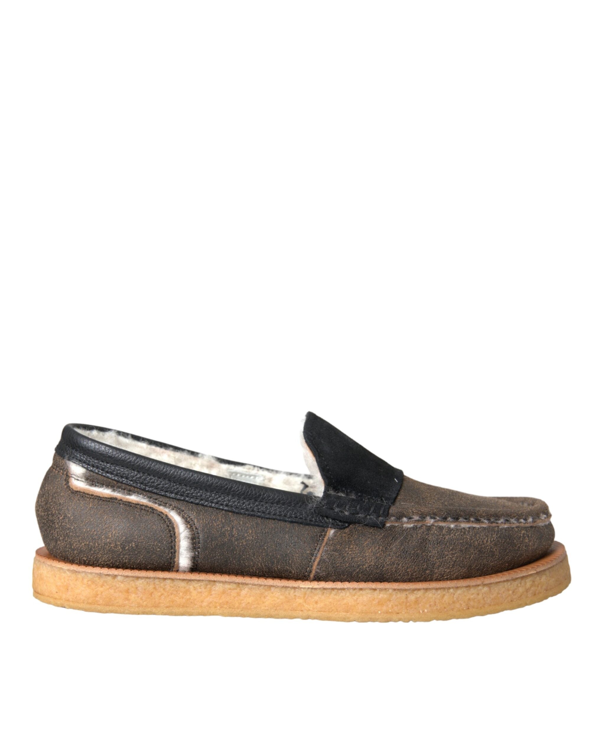 Dolce & Gabbana Brown Black Fur Leather Loafers Men Shoes LUNESCAPE