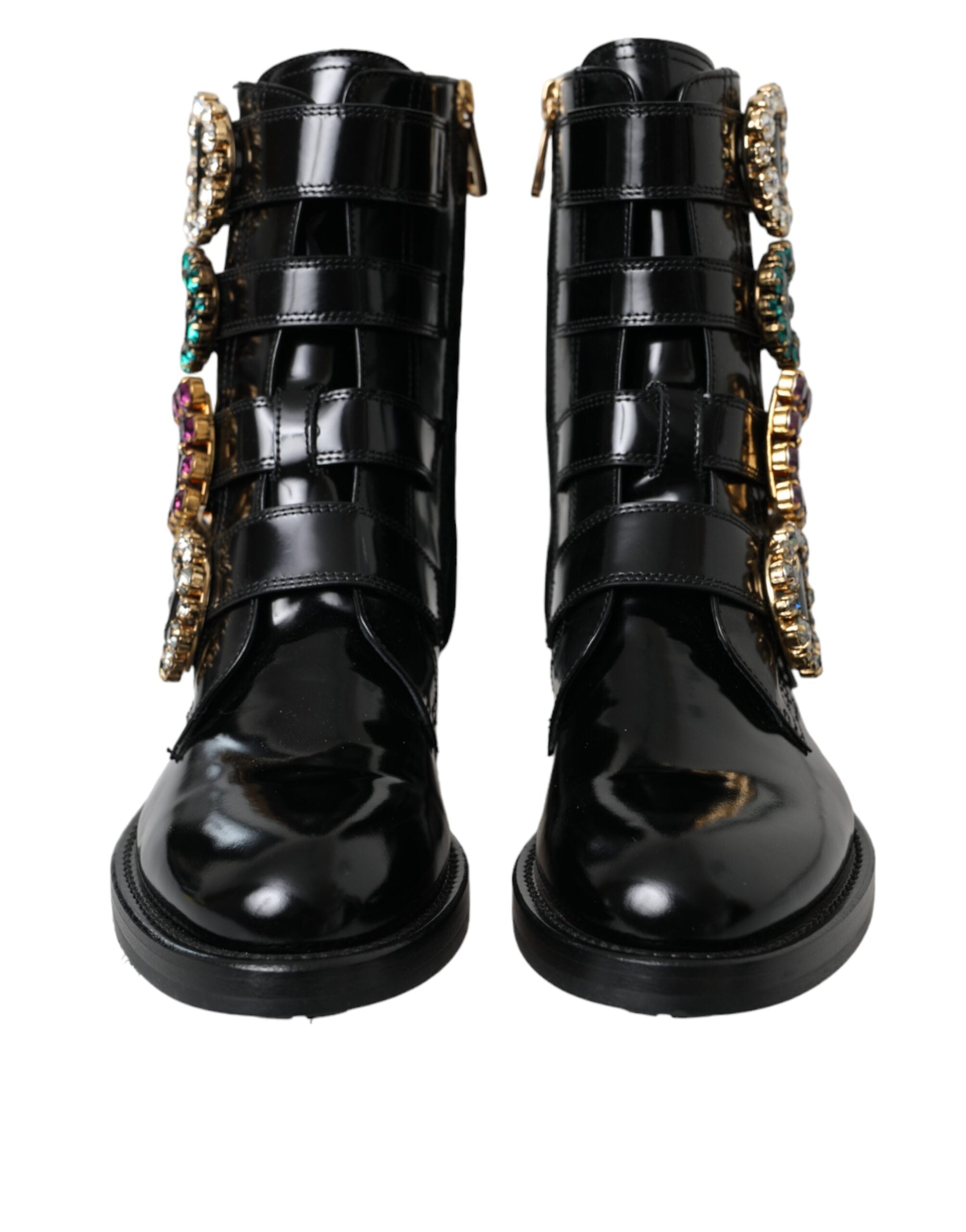 Dolce & Gabbana Black Leather Crystal Buckles Boots Shoes LUNESCAPE
