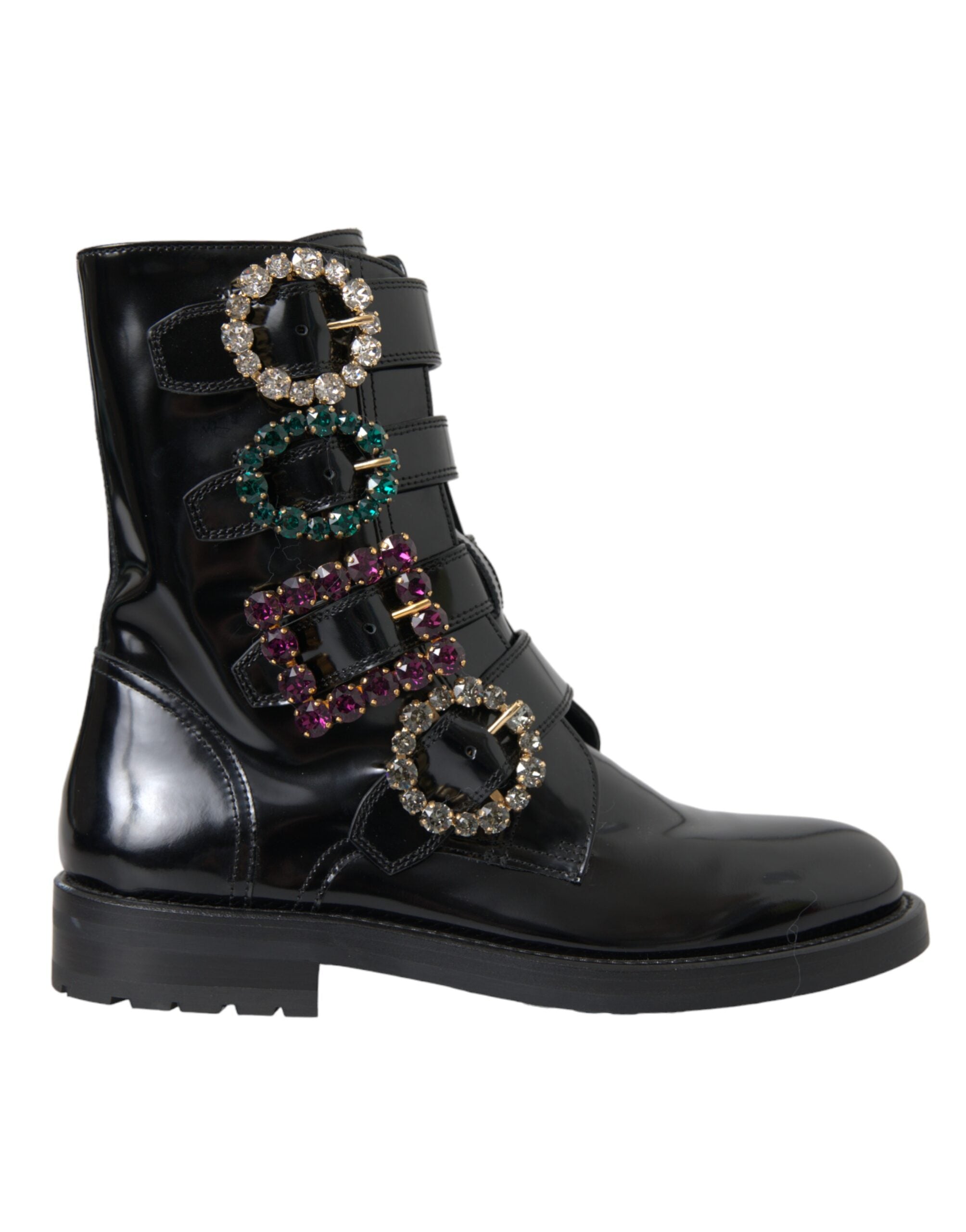 Dolce & Gabbana Black Leather Crystal Buckles Boots Shoes LUNESCAPE