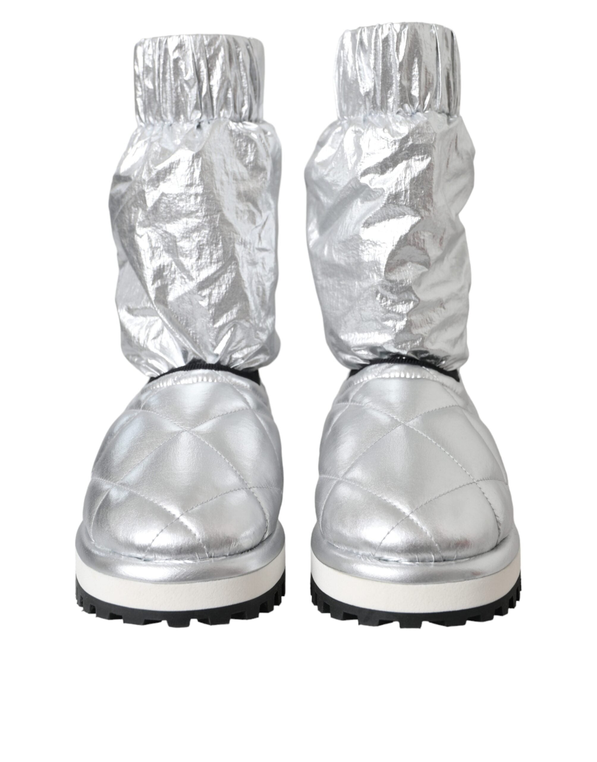 Dolce & Gabbana Metallic Silver Quilted Logo Patch Boot Shoes LUNESCAPE